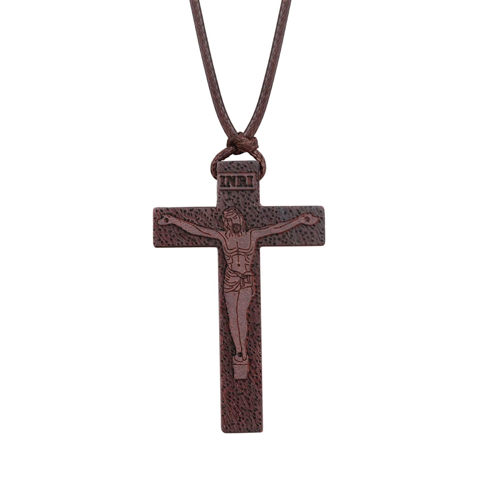 COTTVOTT Wood Orthodox Cross Pendant Necklace Christian Crucifix Necklace Prayer Jesus for Women Men (H-Red Color)