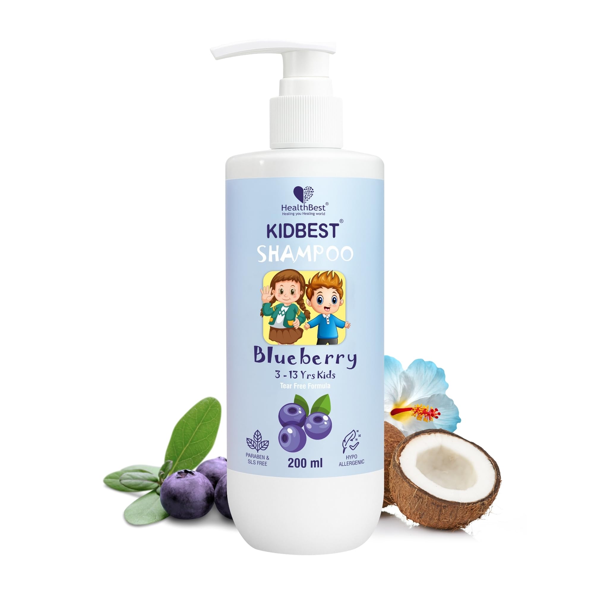Healthbest Kids Gentle Cleansing Shampoo 200 Ml For 3-13 Years With Real Blueberry Extract Tear-Free Hypoallergenic Ph 5.5 Sulph