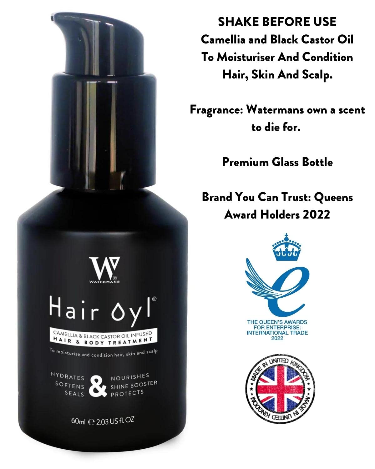 Watermans Hair Oyl 60 Ml - Camellia & Black Castor Infused Hair & Body Oil Treatment. Natural Hair Oil For Dry Damaged Hair, Oil