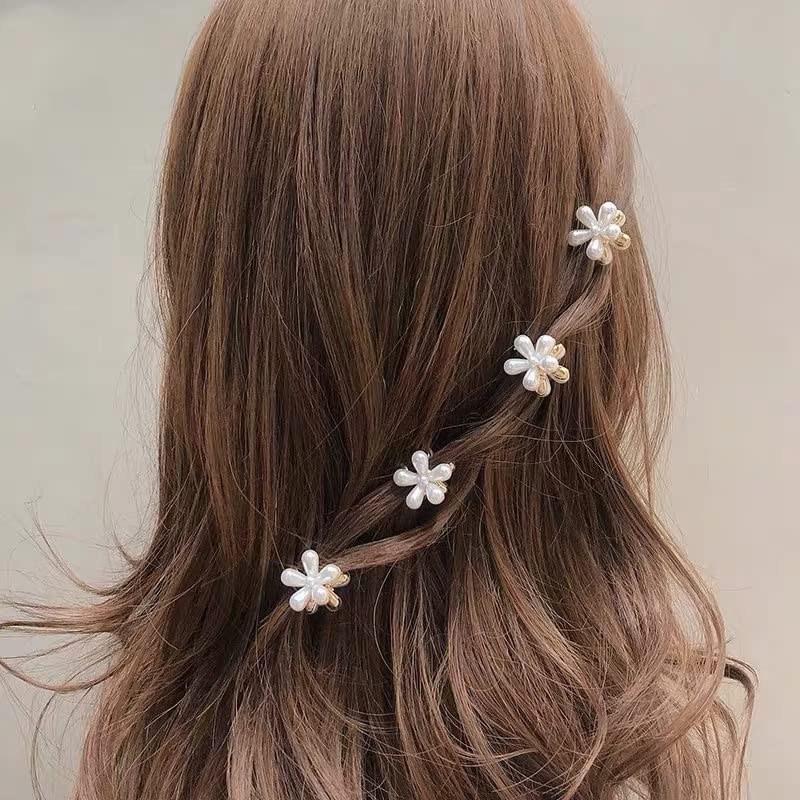 Ahoney Pearl Hair Clips With Daisy Flowers - Small Claw Bangs Clips, Korean Hair Accessories For Women And Girls