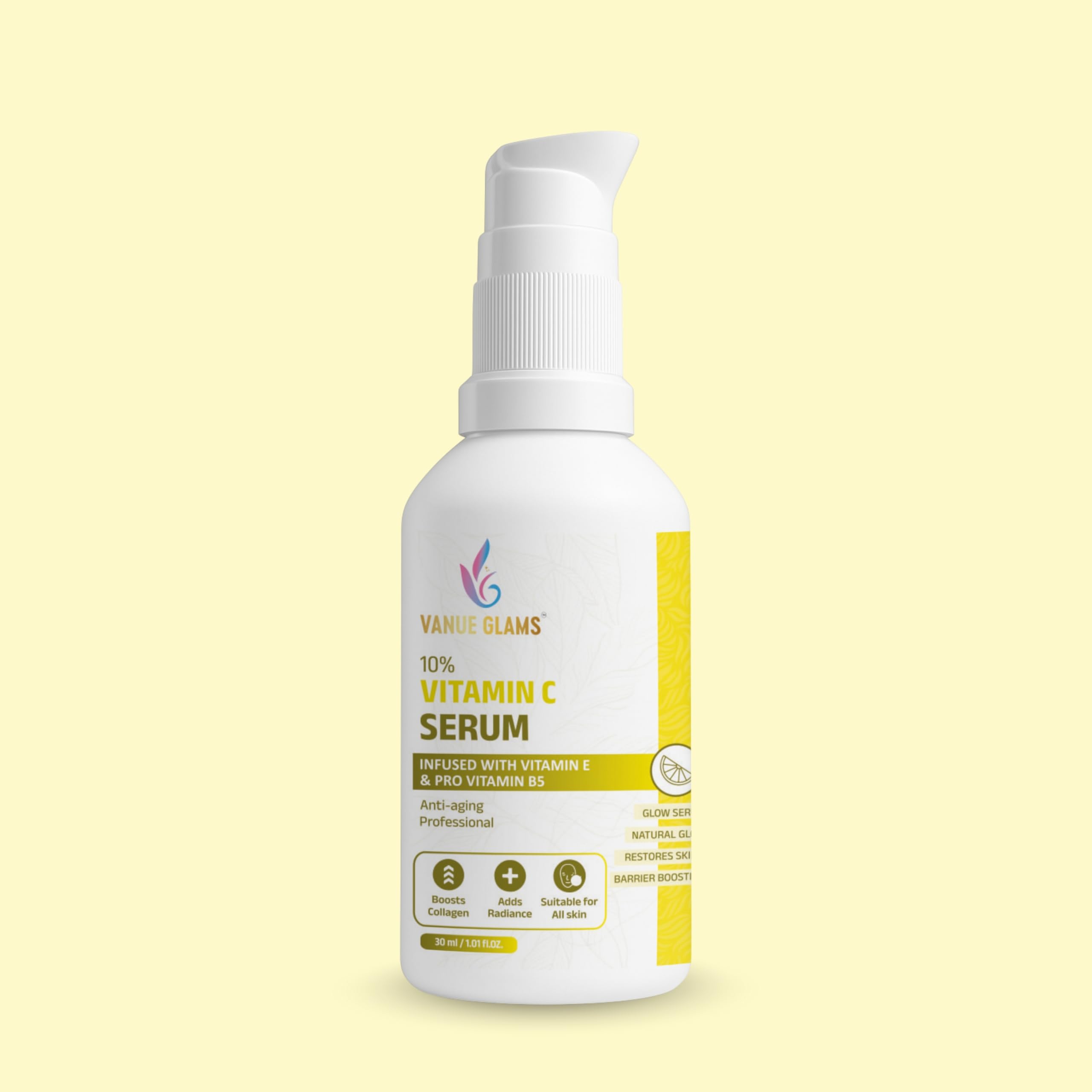 Vanue Glams 10% Vitamin C Serum  Infused With Vitamin E & Pro Vitamin B5  AntiAging, Collagen Boosting, Restores Skin Radianc