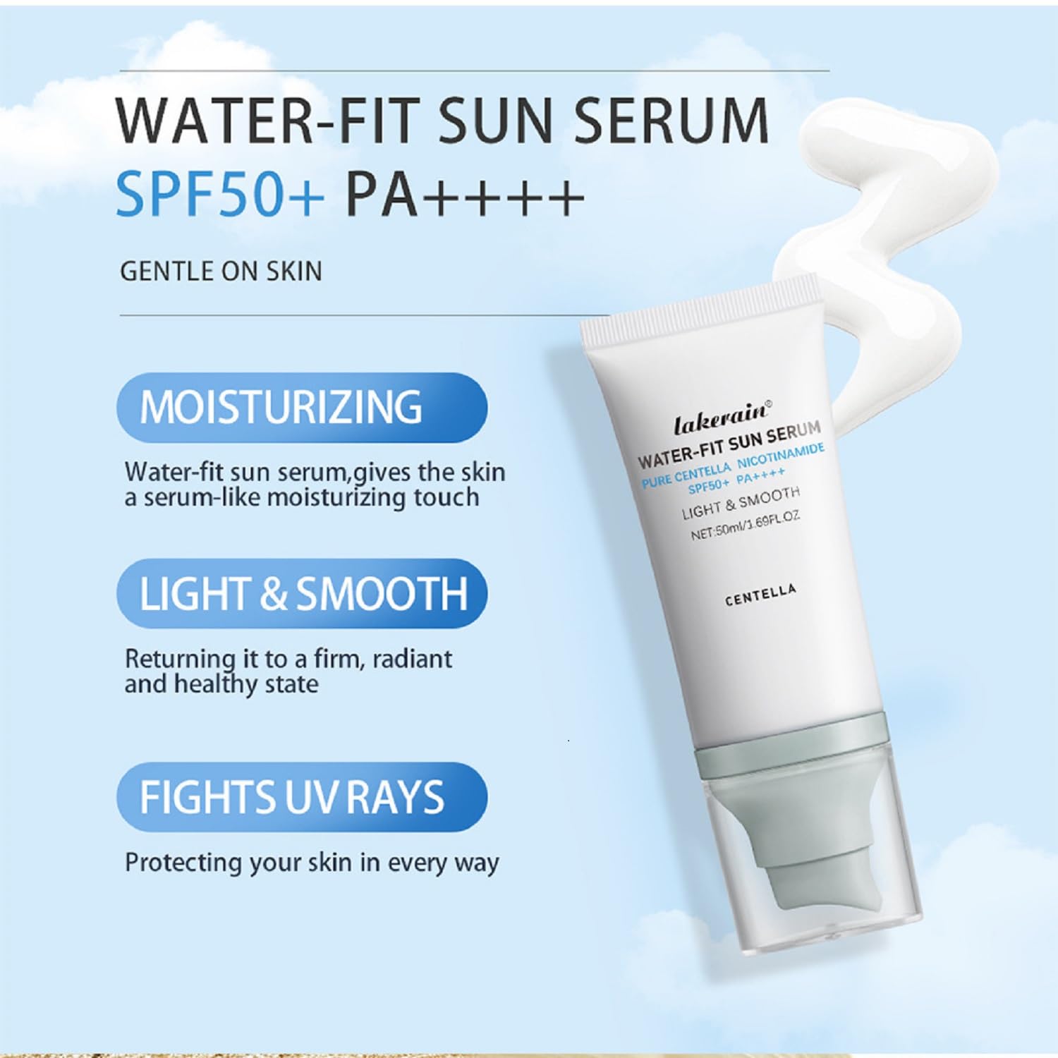 2Pcs Centella Sunscreen SPF 50, Hyalu Cica Water-Fit Sun Serum,Face Sun Screen Hydrating Non Greasy,Long-Lasting Protection for