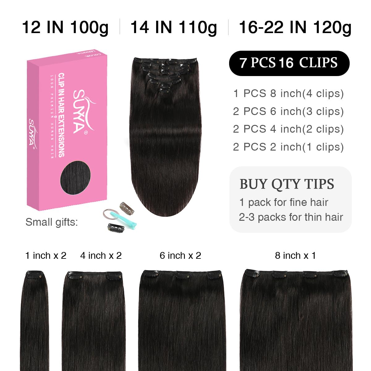 Suyya Clip In Hair Extensions Real Human Hair,12 Inch 100G 7Pcs Natural Black Hair Extensions Clip Ins Straight Double Weft Thic