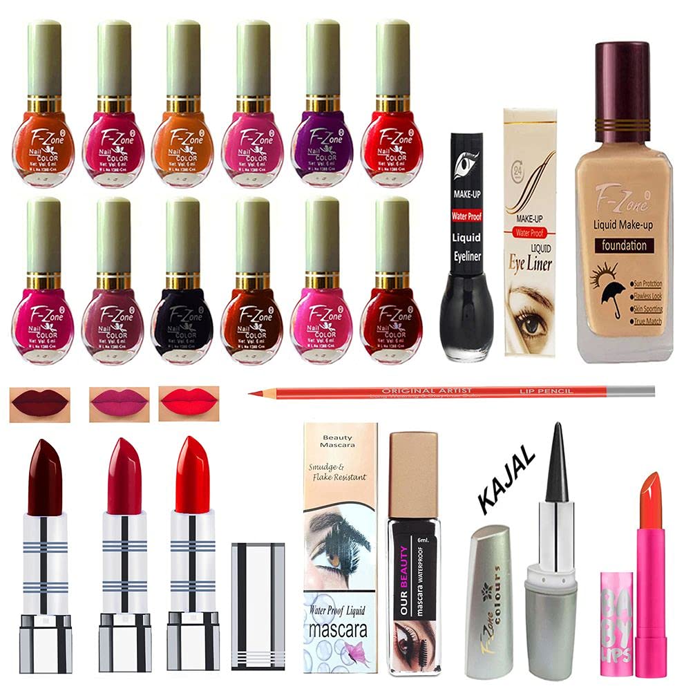 F Zone Makeup Kit With 12 Nail Polish Eye Liner Foundation 3 Lipstick Mascara Lip Balm And Kajal Vc98