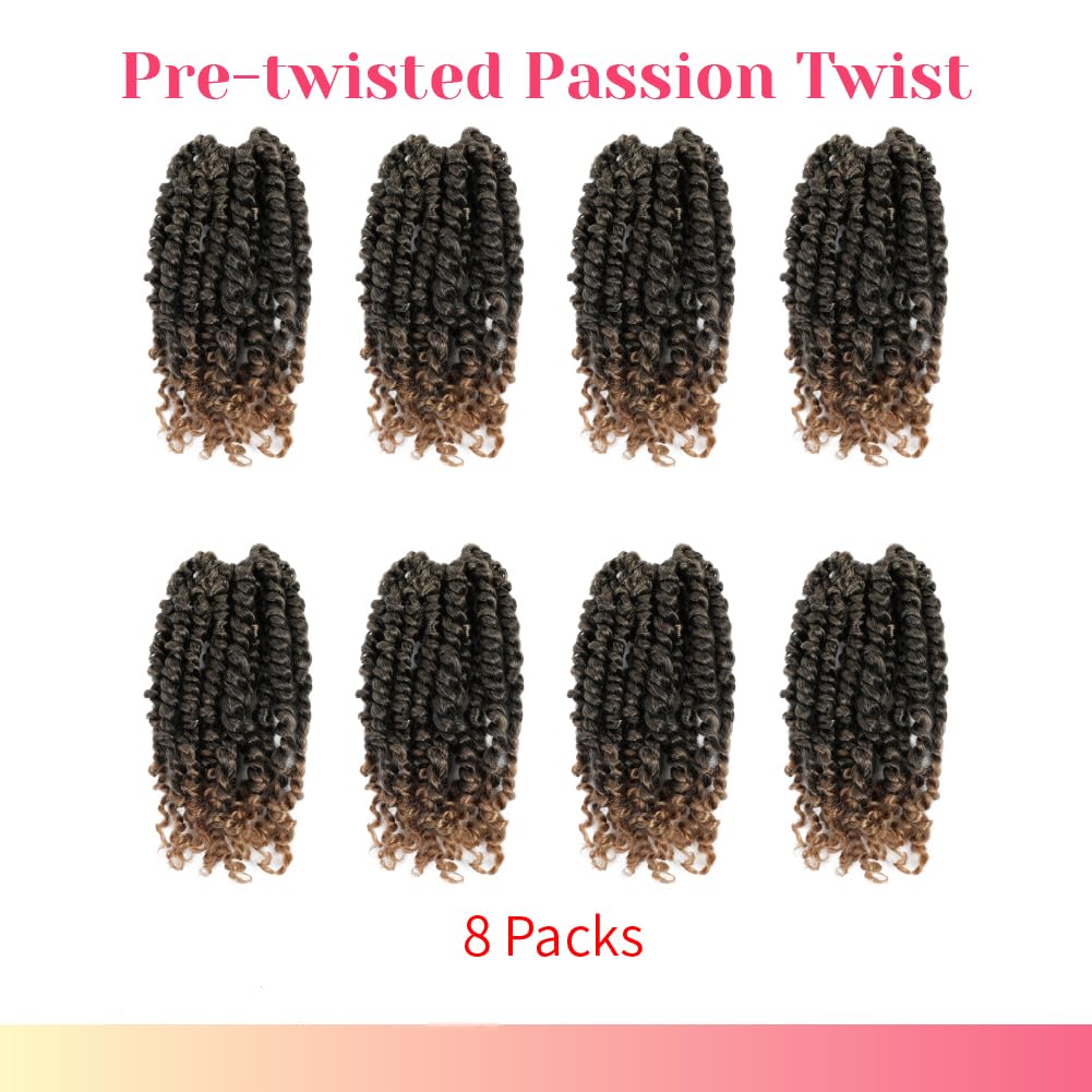 The Bohobabe Pre-Twisted Passion Twist Crochet Hair 8 Inch Short Pre-Looped Crochet Passion Twist Braiding Hair 8 Packs (T27)
