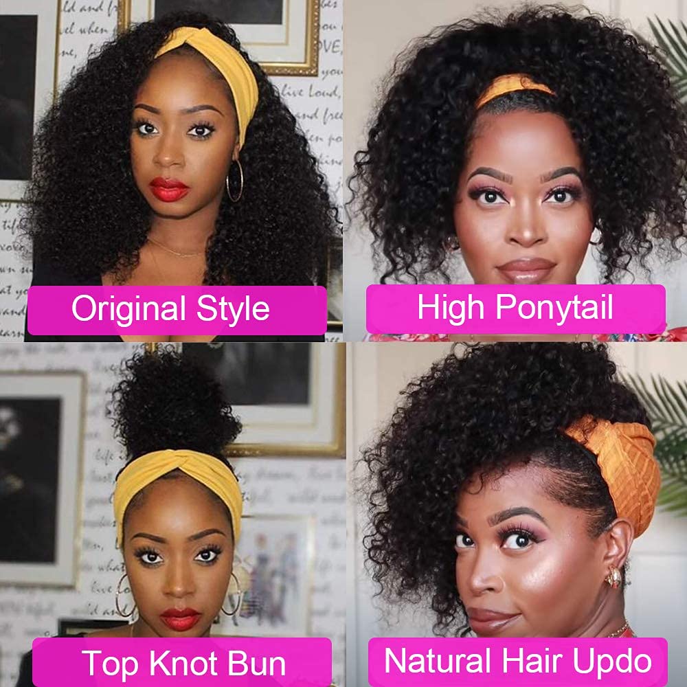 Rebasar Headband Wig Human Hair 12 Inch Glueless Wear and Go Curly Headband Wigs for Black Women Human Hair Deep Wave Headband V