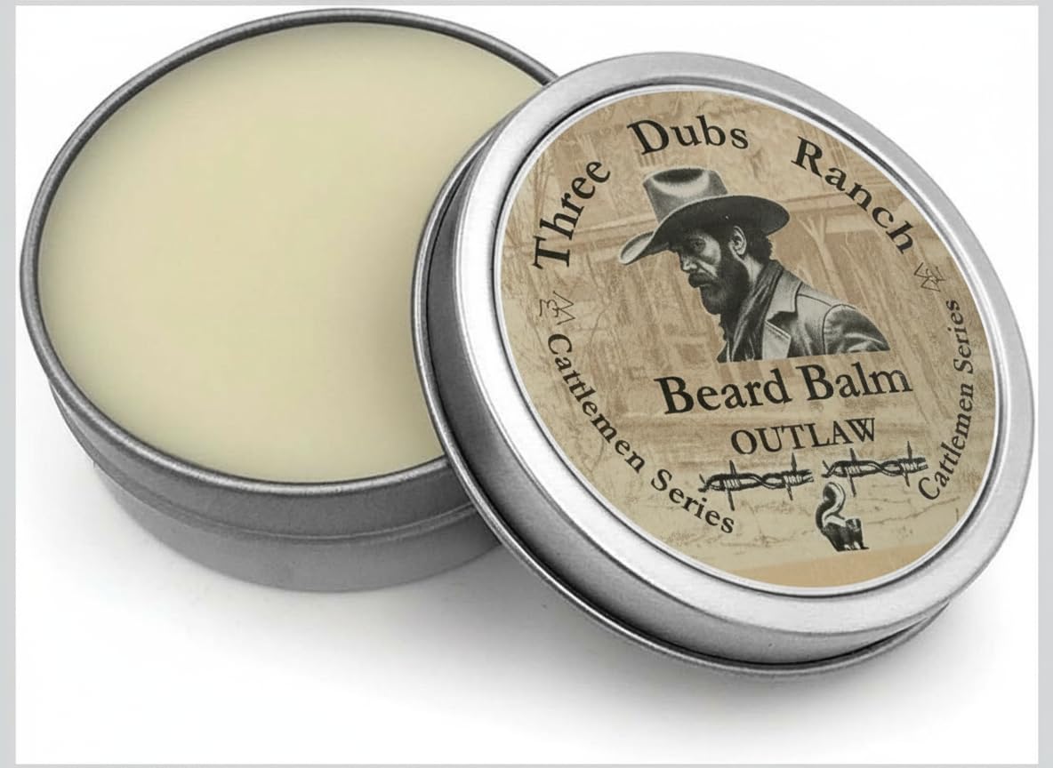 Three Dubs Ranch Beard Balm Outlaw 100% Natural withGlycerin, Aloe, Macha Tea, Almond oil, Argan oil, Vitamin E, Tallow, Beeswax