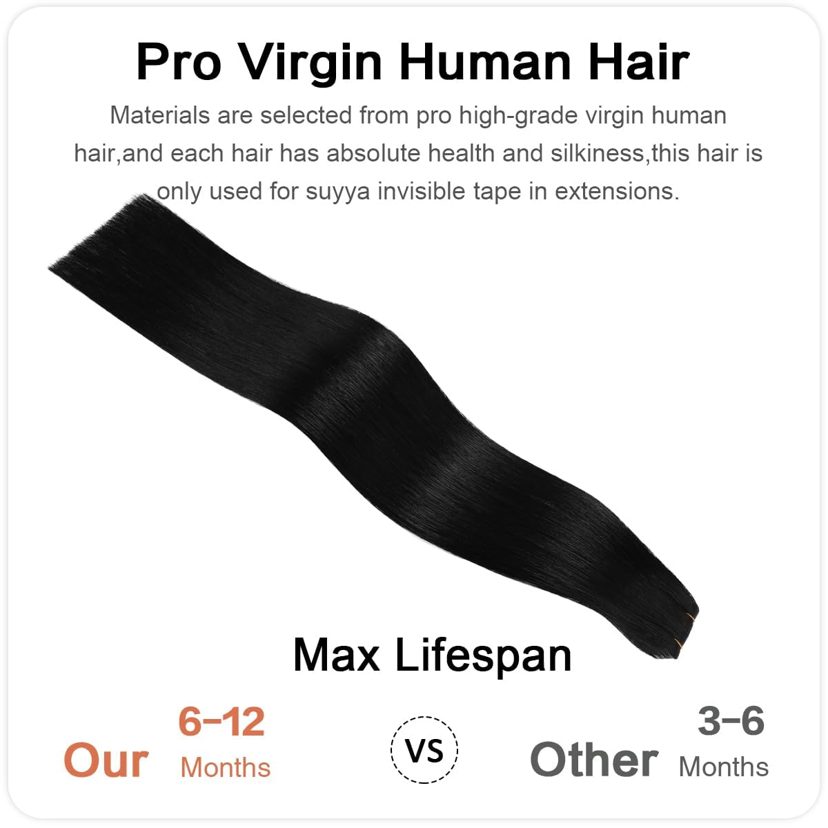 Suyya Invisible Tape In Hair Extensions Human Hair Jet Black Seamless Injected Hand-Tied Pro Quality Virgin Human Hair 20Pcs 50G