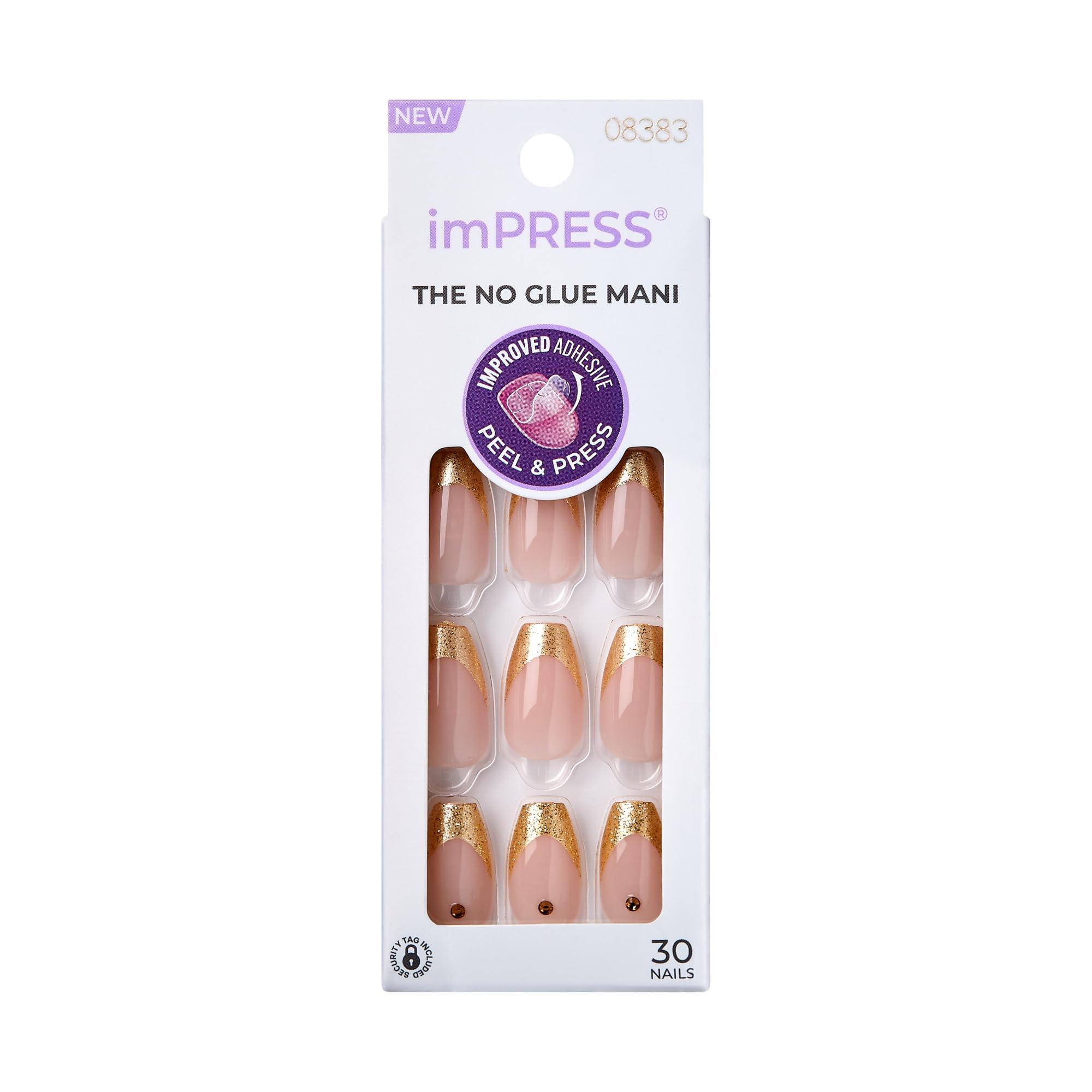 KISS imPRESS No Glue Mani 30 Pcs Press On Nails, Medium Coffin Design Nail, Gold French Tip Elegant Print, Simple Peel & Press E