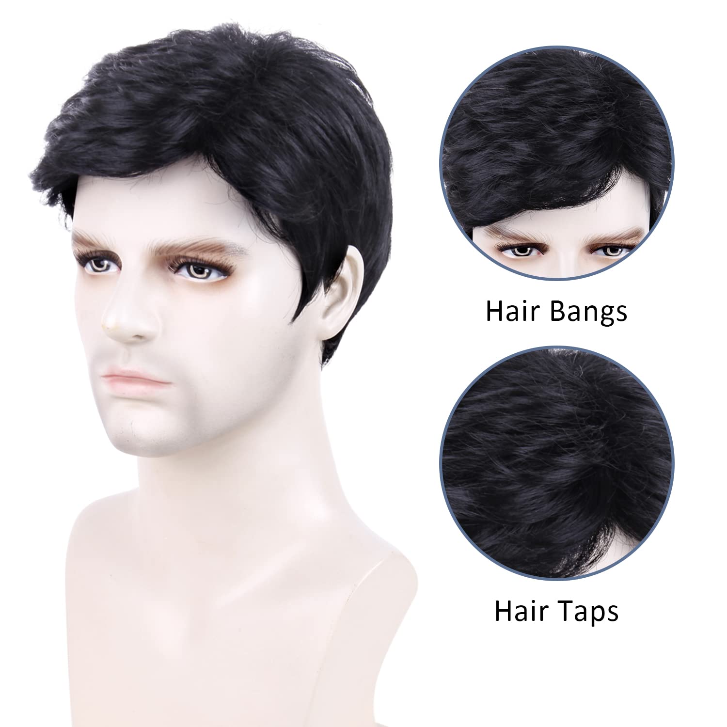 QUEENTAS Mens Wig Short Hair, Mens Hair Replacement Wigs Mens's Black Wig for Men Hair Full Wig for Male Guy Christmas Costume P