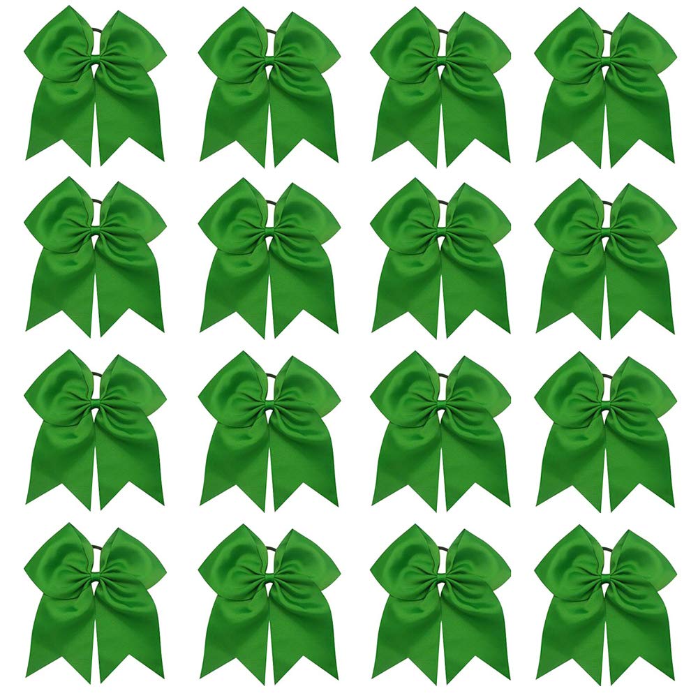 16Pcs 8 Large Cheer Hair Bows Ponytail Holder Elastic Band Handmade For Cheerleading Teen Girls College Sports (16 Pcs) (Green)