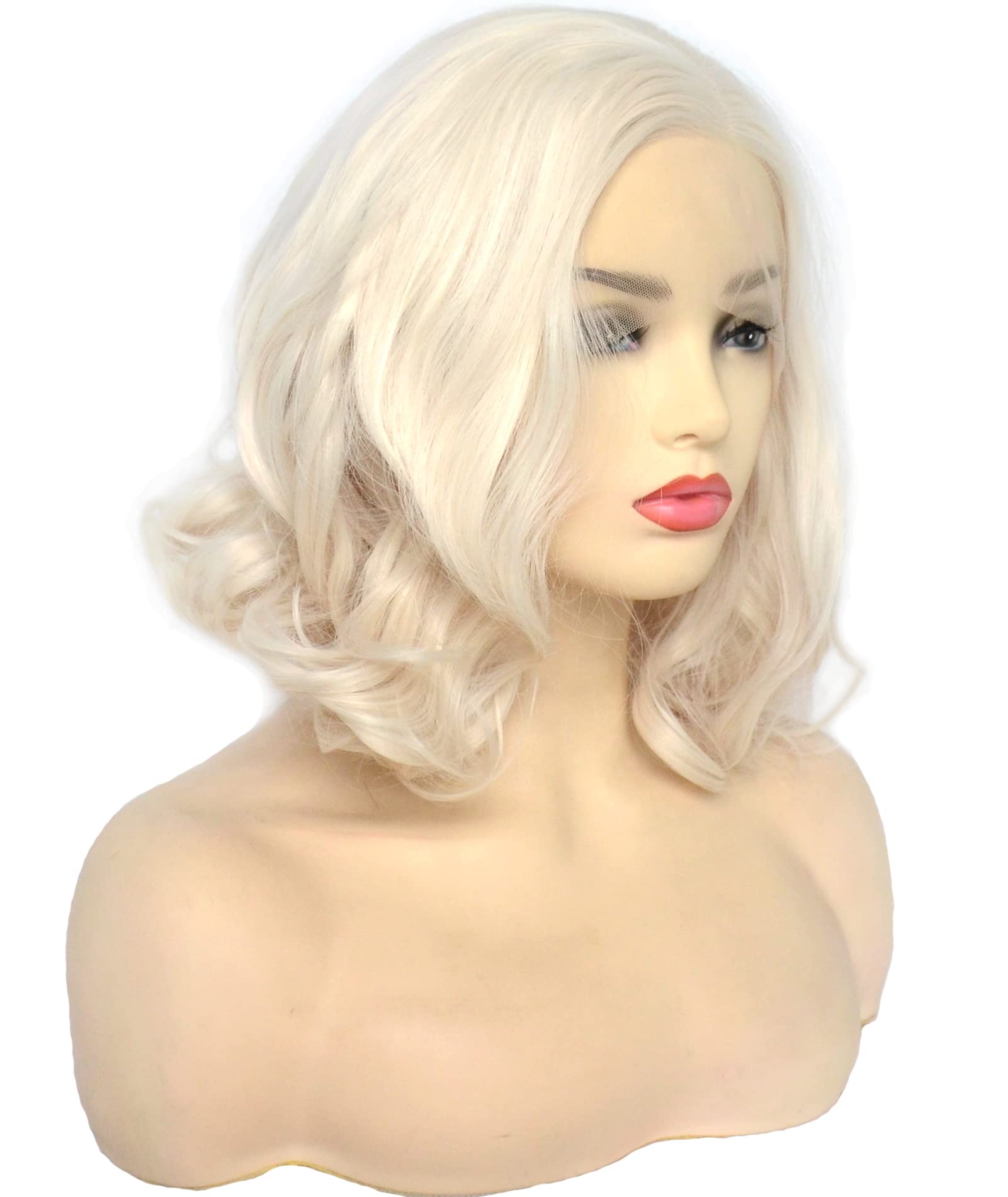 Bluple Platinum Blonde Lace Front Wig Short Bob Style White Blonde 60# Wavy Curly Synthetic Hair Side Part Half Hand Tied Replac