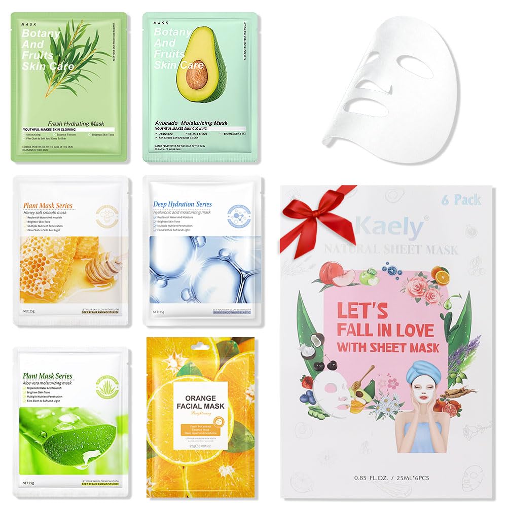 6 Pcs Real Hydrating Avocado Honey Orange Aloe Vera Nature Face Masks Skincare, Hyaluronic Acid, Vitamin C And E, Chamomile, Kor