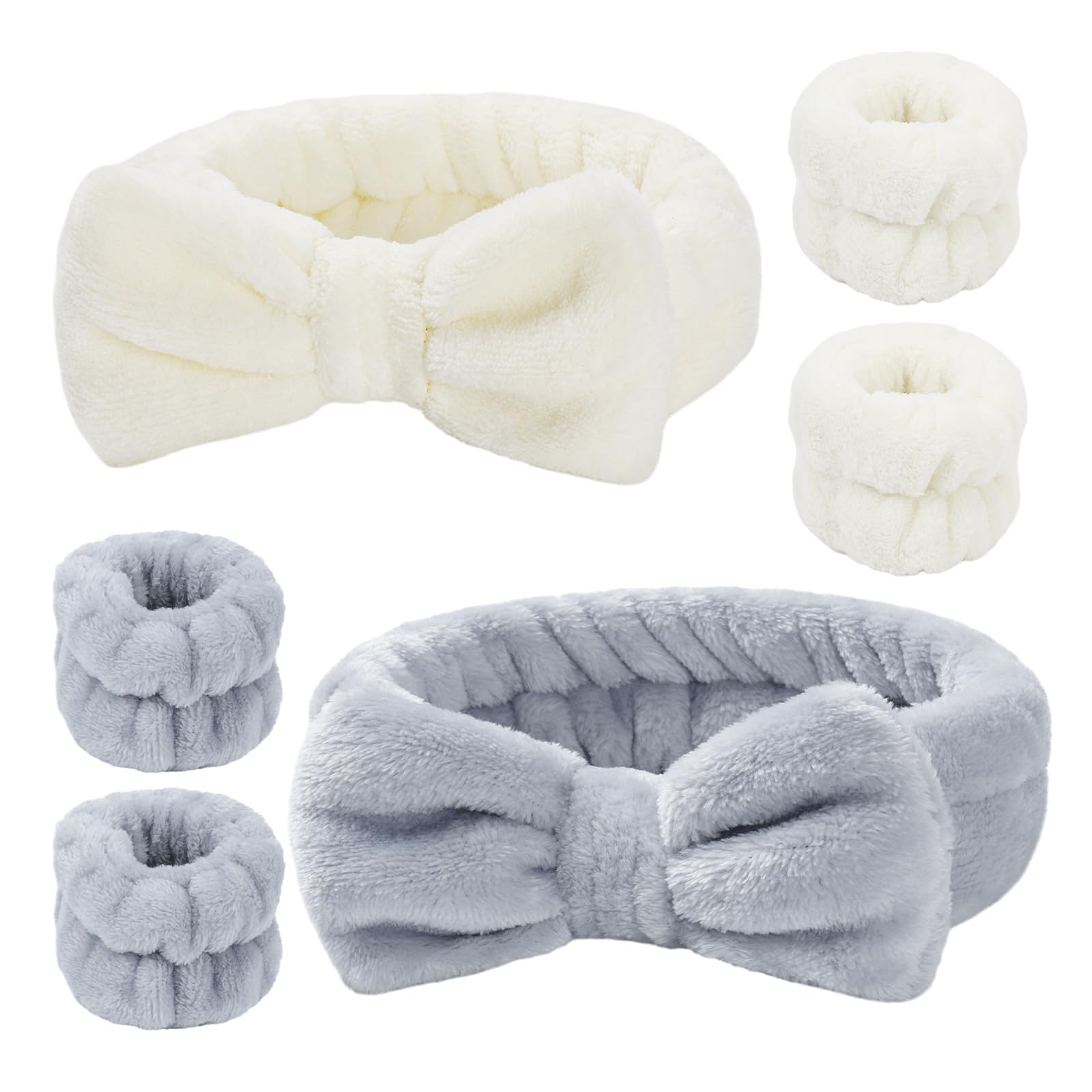 6 Pcs Spa Headband And Wristbands,Coral Fleece Makeup Headband Cosmetic Headband For Washing Face, Bow Headbands For Shower Terr