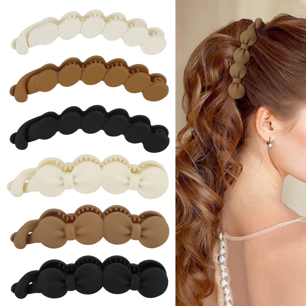 Hapdoo Hair Clips, 6PCS Bow Oval Banana Clips for Medium Thin Hair, 4.1 Inch Matte Strong Hold Half Ponytail Bun Holder, Hair Ja