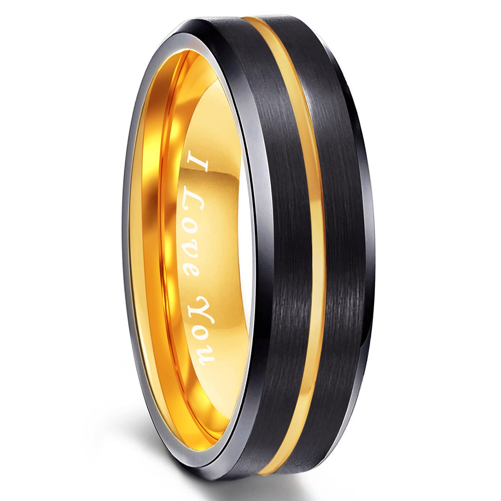 Greenpod 6mm Mens Black Tungsten Ring with Thin Gold Engraved I Love You Groove Beveled Edge Comfort Fit Size 10.5