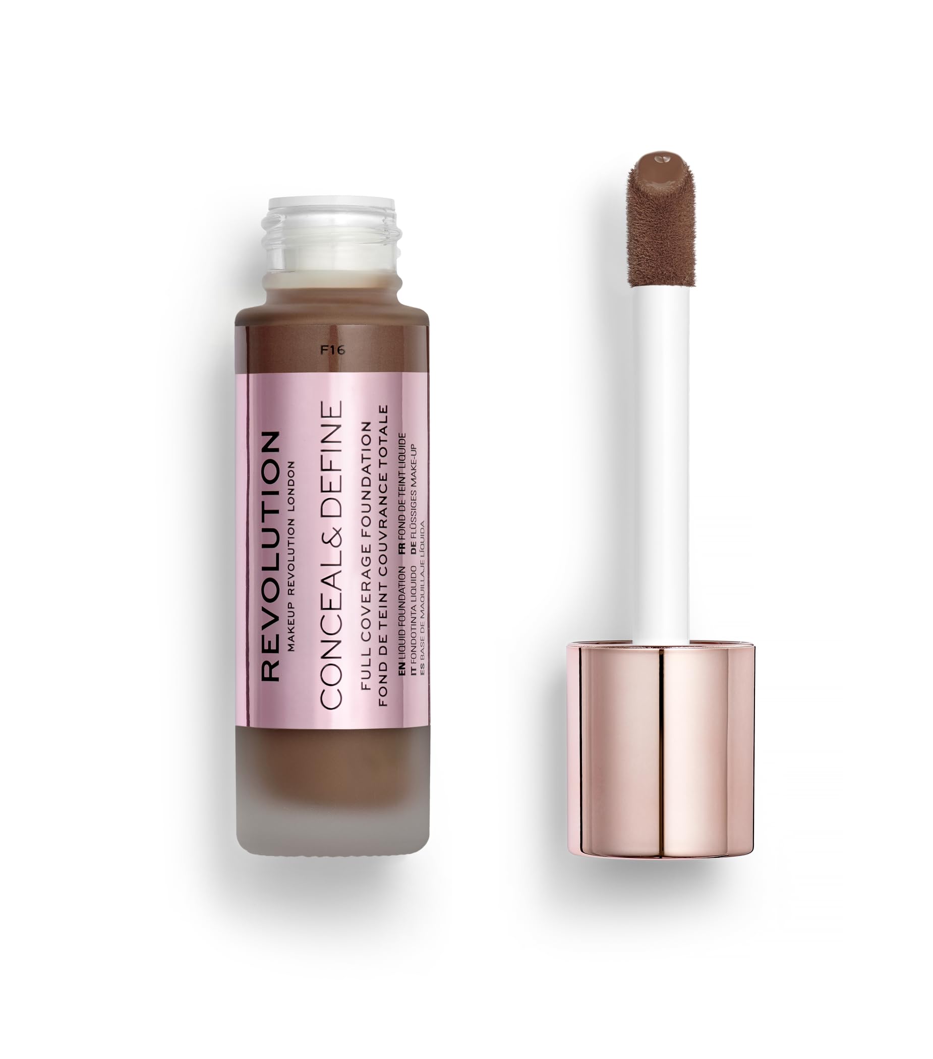 Revolution, Conceal & Define Foundation, Full Coverage, LongLasting Matte Finish, Vegan & CrueltyFree, F16 Dark Skin Tones, 0.
