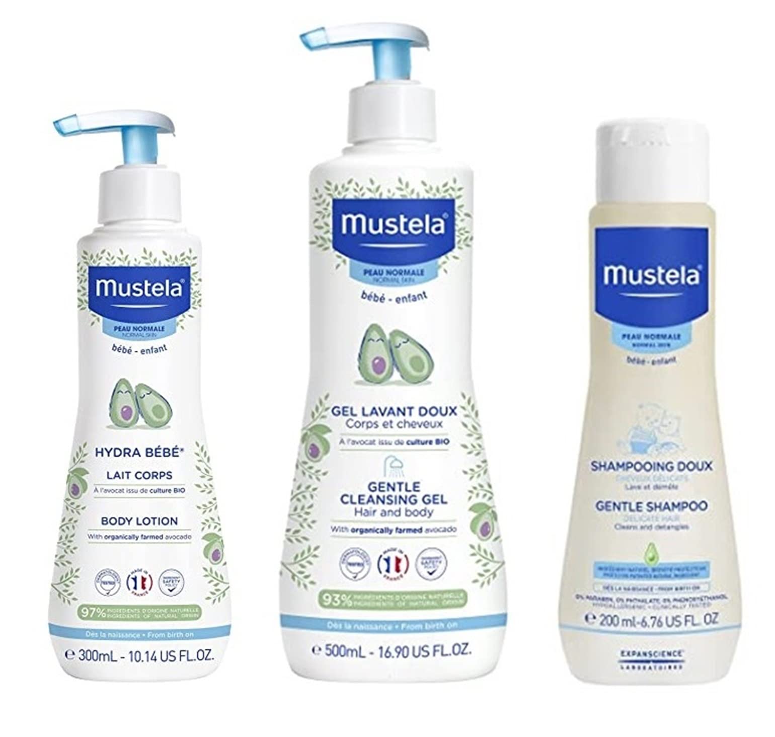 Mustela Bathtime Essential Set - 3 Must-Have Baby Bath Items - Includes Hydra Bebe Body Lotion, Gentle Cleansing Gel, & Gentle S