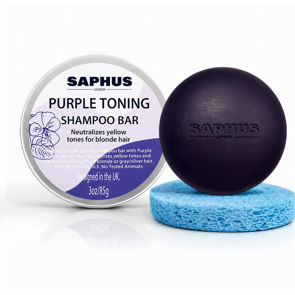 SAPHUS Purple Shampoo Bar for Blonde & Silver Hair, SulfateFree Toning Bar with Aluminum Travel Tin & QuickDry Sponge, Neutral
