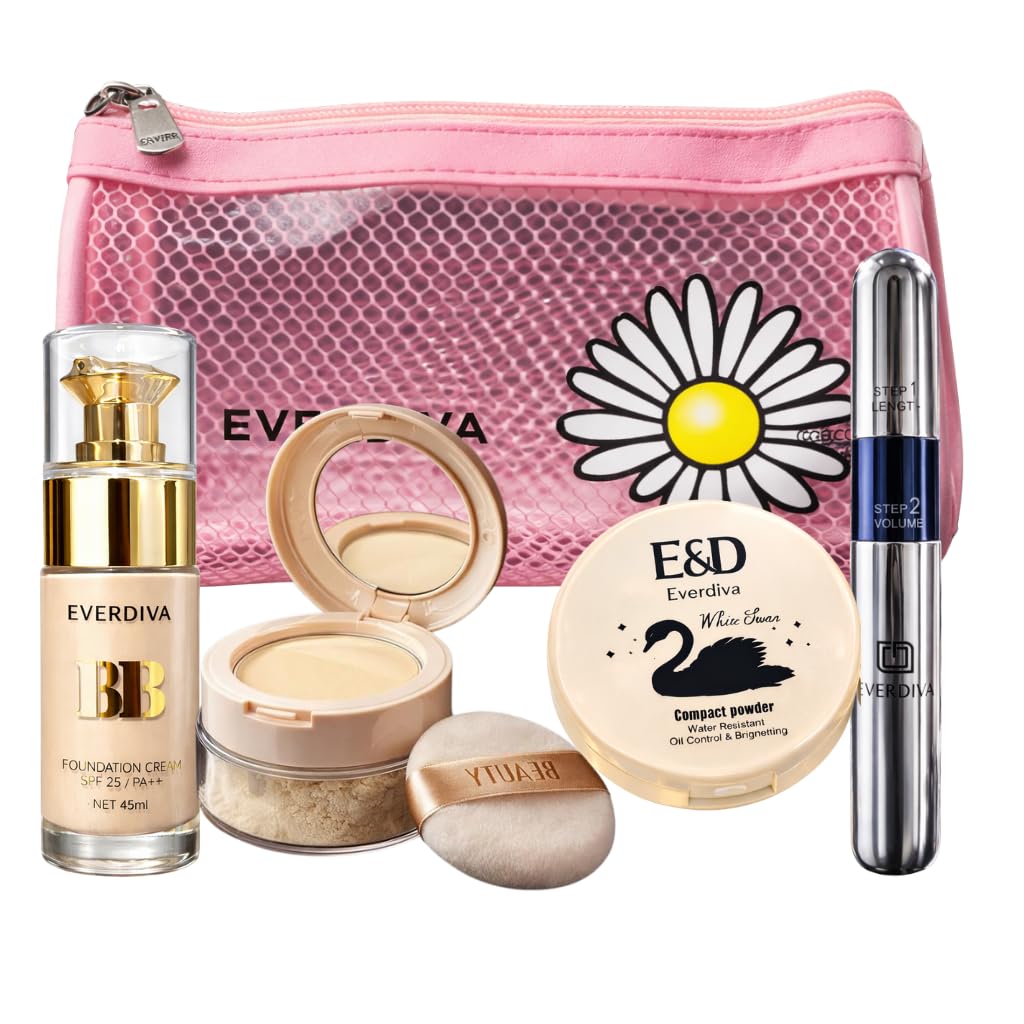 Complete Face Makeup Combo With Makeup Bag | Foundation, Loose Powder, Compact Powder & Mascara | Smooth Base, Oil Control & Def