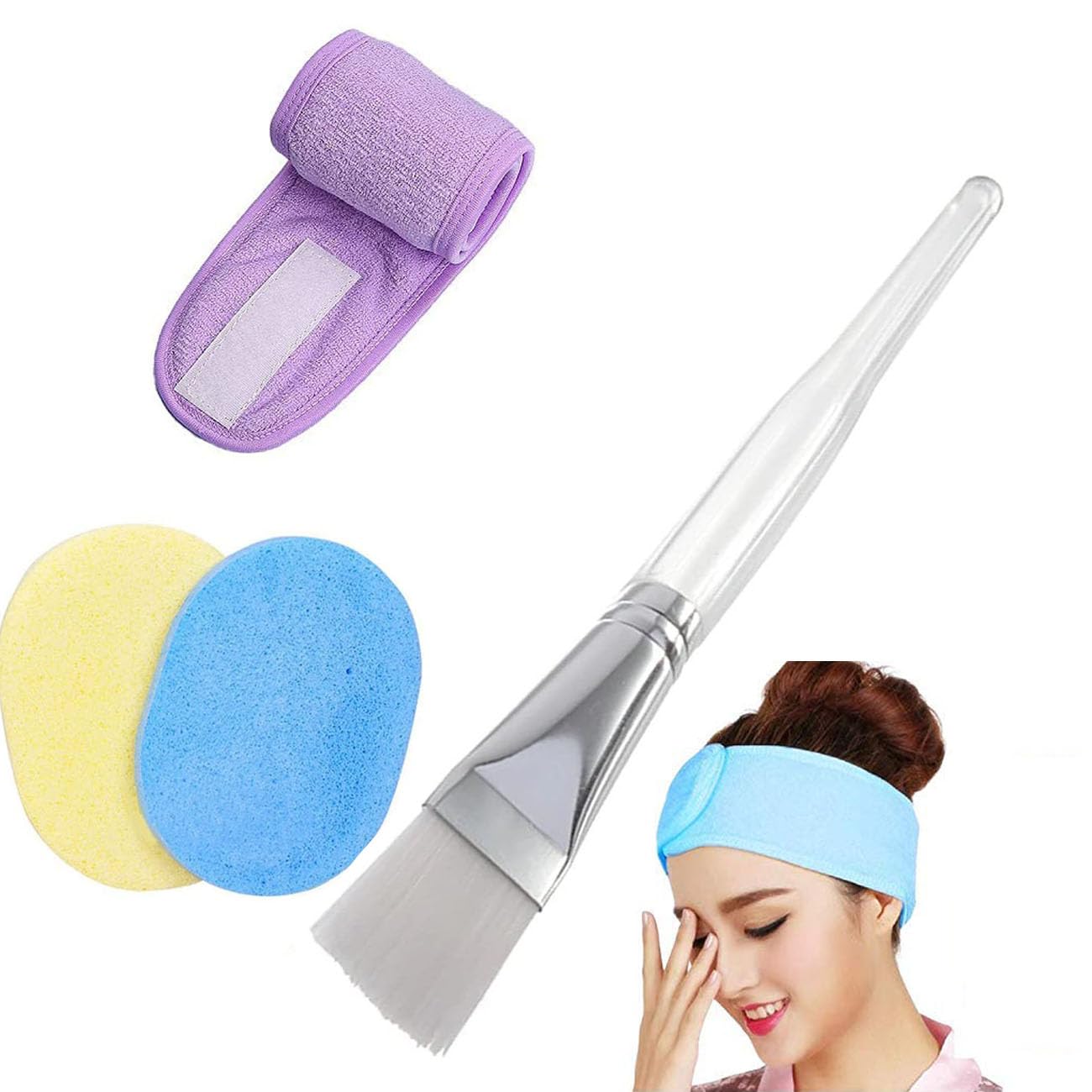 Ghelonadi Cotton Facial Headband And Face Pack Plastic Brush And Face Cleaning Sponge For Women, Pack Of 1  Multicolor.