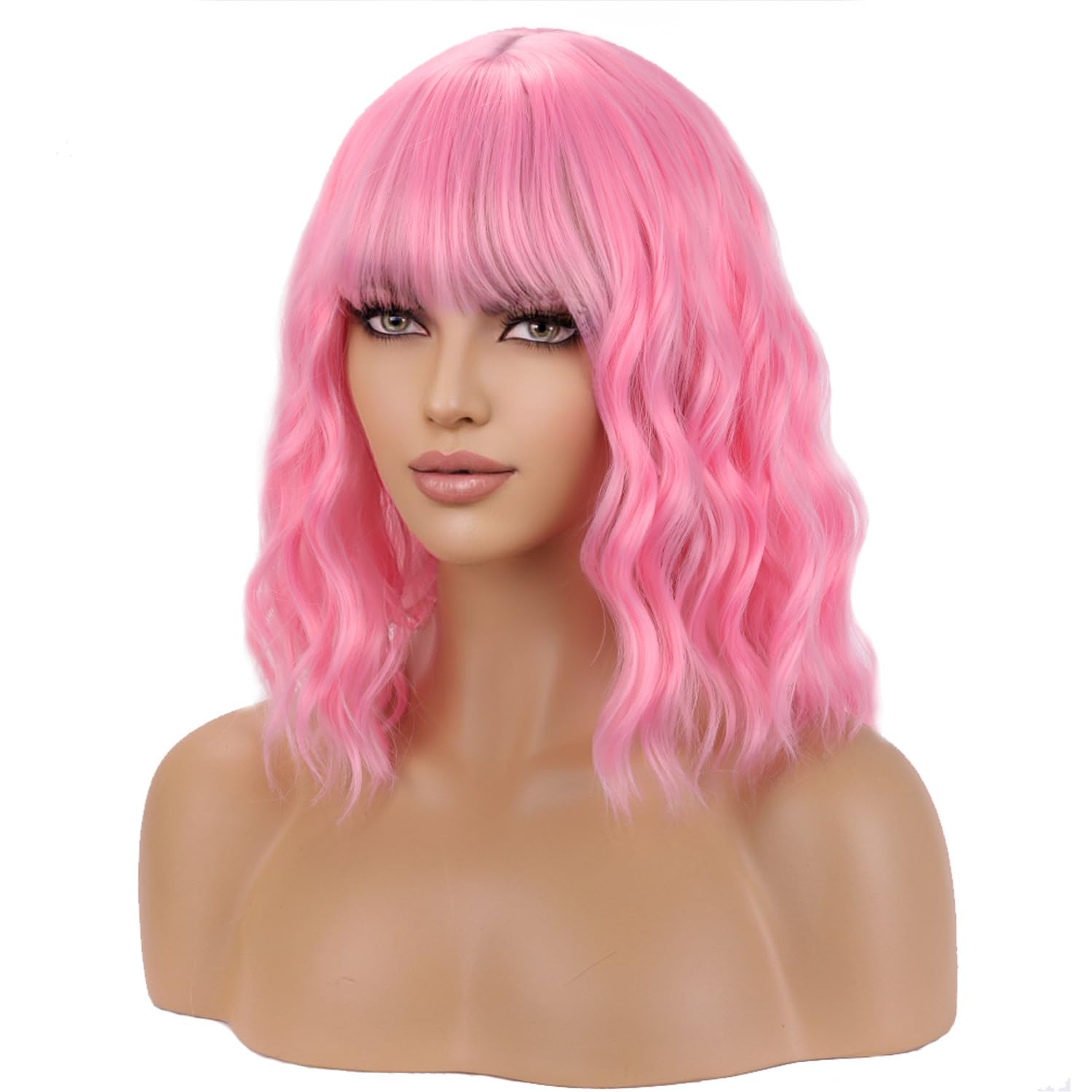 Wthcos Pink Wig Short Curly Wig With Bangs Light Pink Wig For Women Short Wave Wig Synthetic Wigs For Cosplay Costume Party With