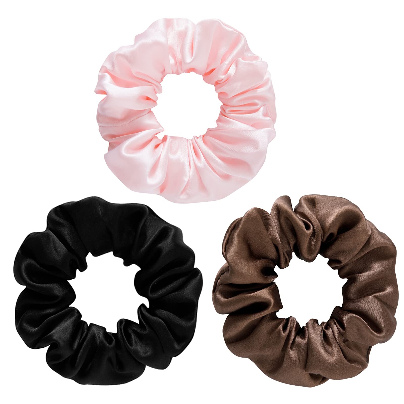 SOBONNY Silk Scrunchies for Women - 100% Mulberry Silk Hair Ties, 3 Pack, No Damage Elastic Ponytail Holders (Brown, Black, Pink