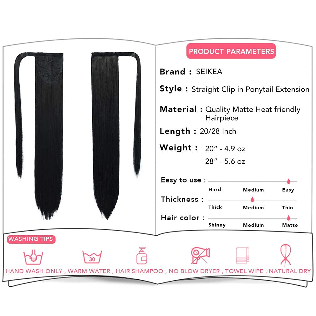 SEIKEA Clip in Ponytail Extension Wrap Around Long Straight Ponytail Natural Soft Synthetic Hairpiece for Women 20 Inch- Black