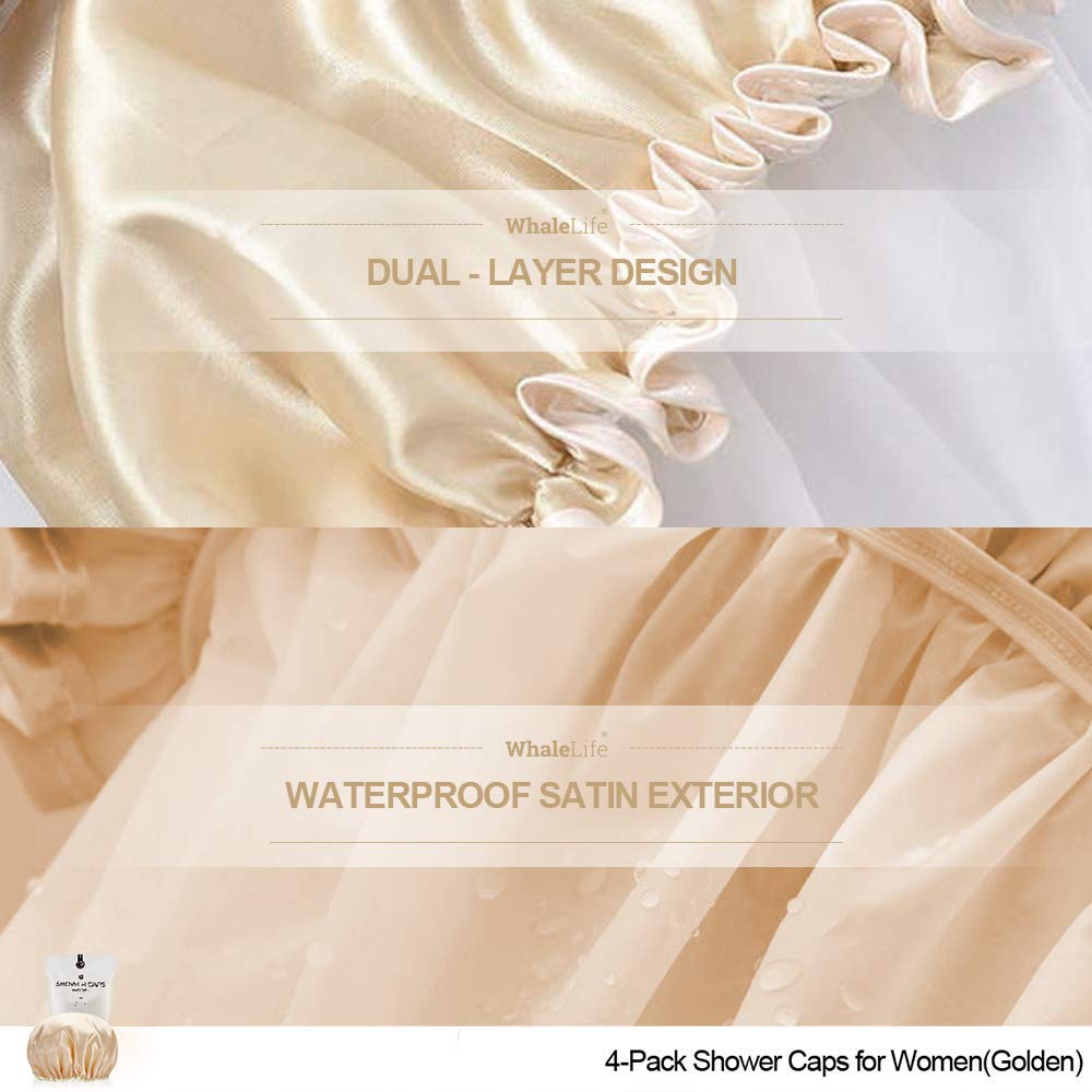 Shower Cap For Women Reusable Extra Large Shower Cap For Men (Golden 4 Pack Large) Satin Double Layer Eva Waterproof Long Hair C