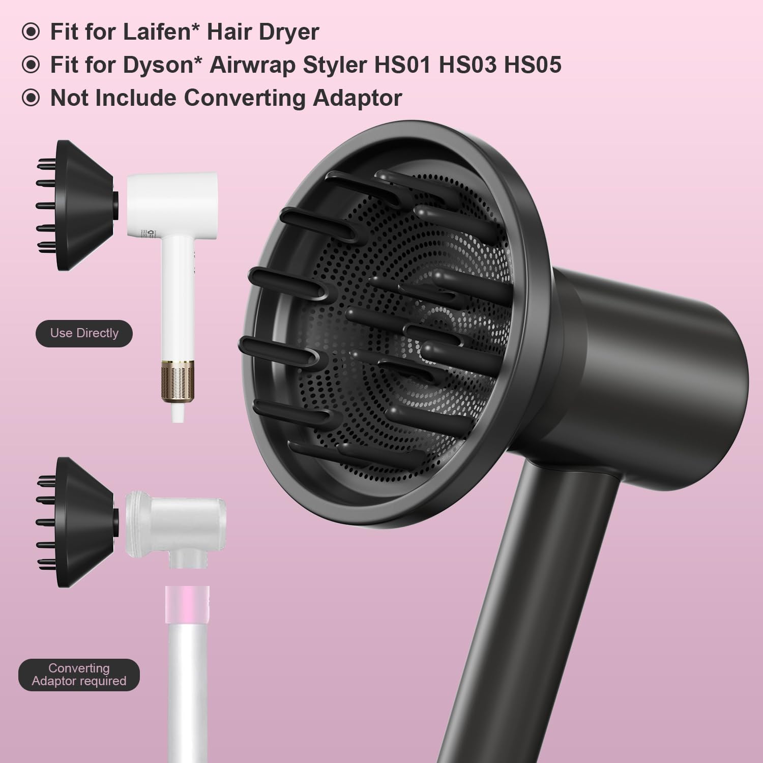 Hair Trends 360° Rotating Magnetic Hair Diffuser Attachment for Laifen & Dyson Airwrap - Black, Model ZCY883, Only Hair Diffuser