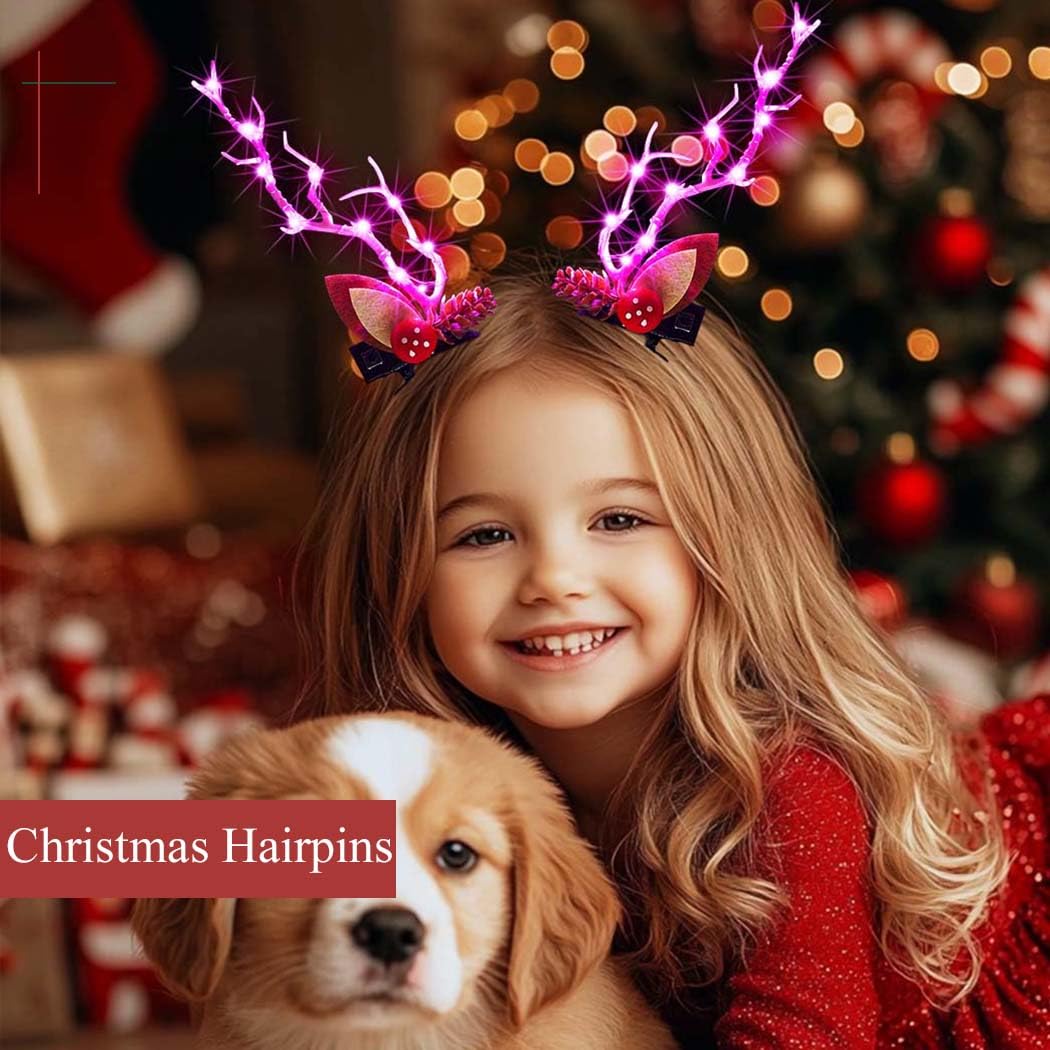 Bartosi Light Up Christmas Hair Clips Reindeer Antlers Xmas Hairpins Hair Accessories For Women And Girls (Pack Of 2)