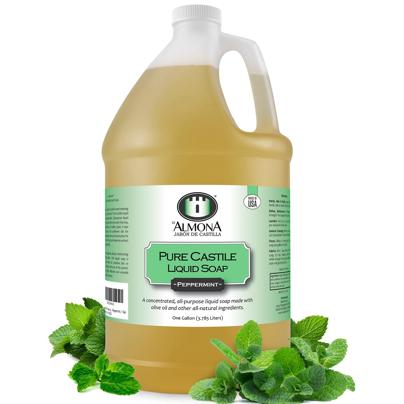 La Almona - Pure Castile Liquid Soap, Peppermint, 1 Gallon - Multipurpose: Hands, Face, Body, Laundry, Dishes & More - For Sensi