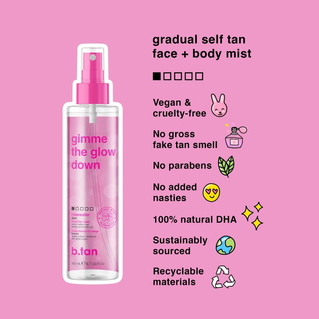 B.Tan Clear Face Tan Mist | Gimme The Glow Down - Best Facial Tanner Spray, Gradual Bronzing Sunless Tanning Water, Infused With