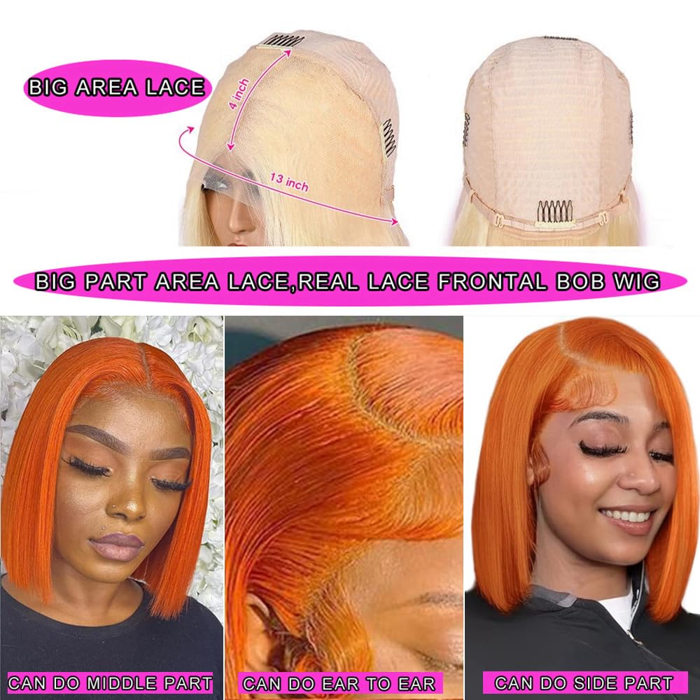 Guebb Glueless # 350 Ginger Orange 13X4 Hd Transparent Lace Front Bob Wig Human Hair Pre Plucked Lace Frontal Short Blunt Cut Bo