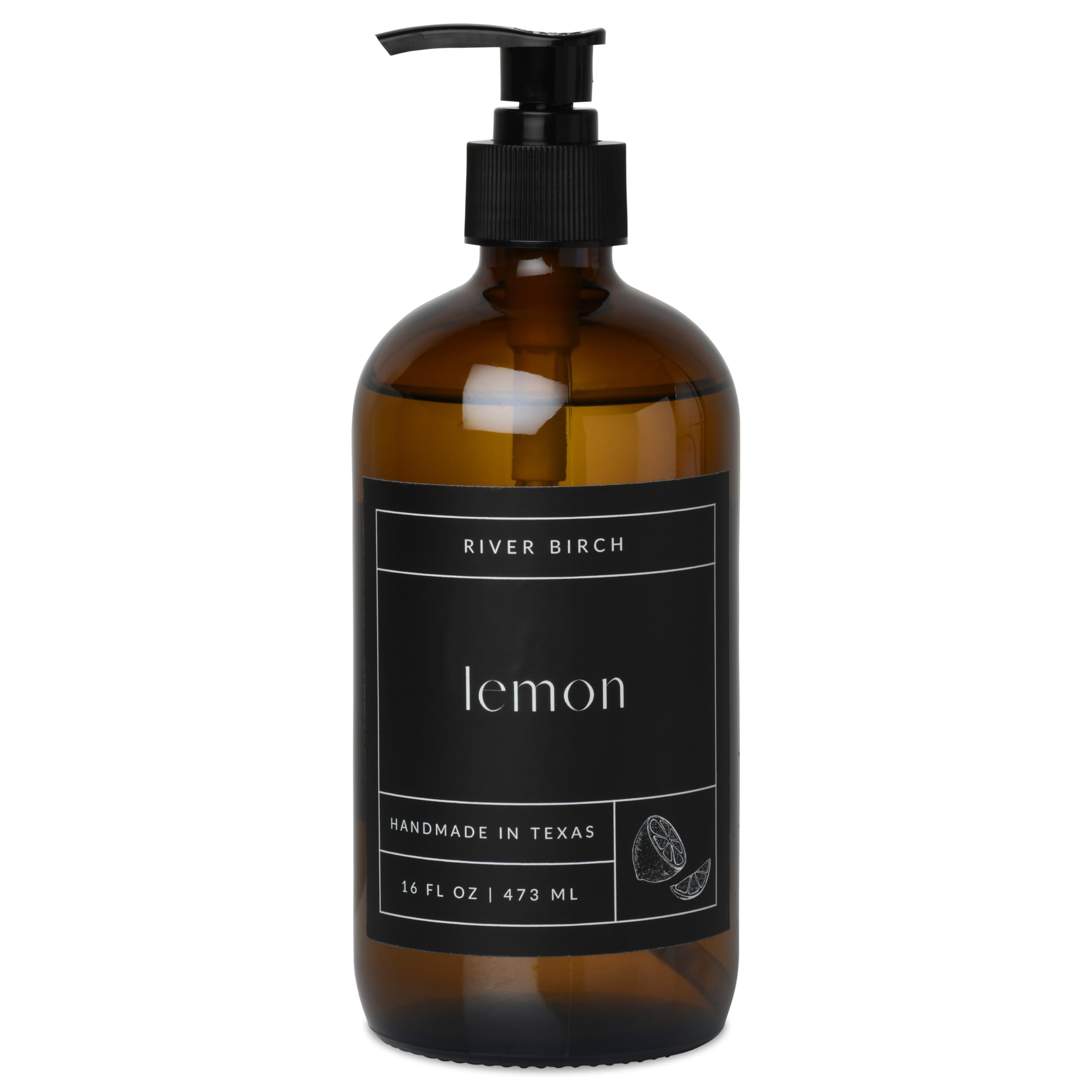 River Birch Lemon Scented Natural Hand Soap - Handmade Hand Soap - Moisturizing Hand Wash with Amber Glass Dispenser - Luxury Sc