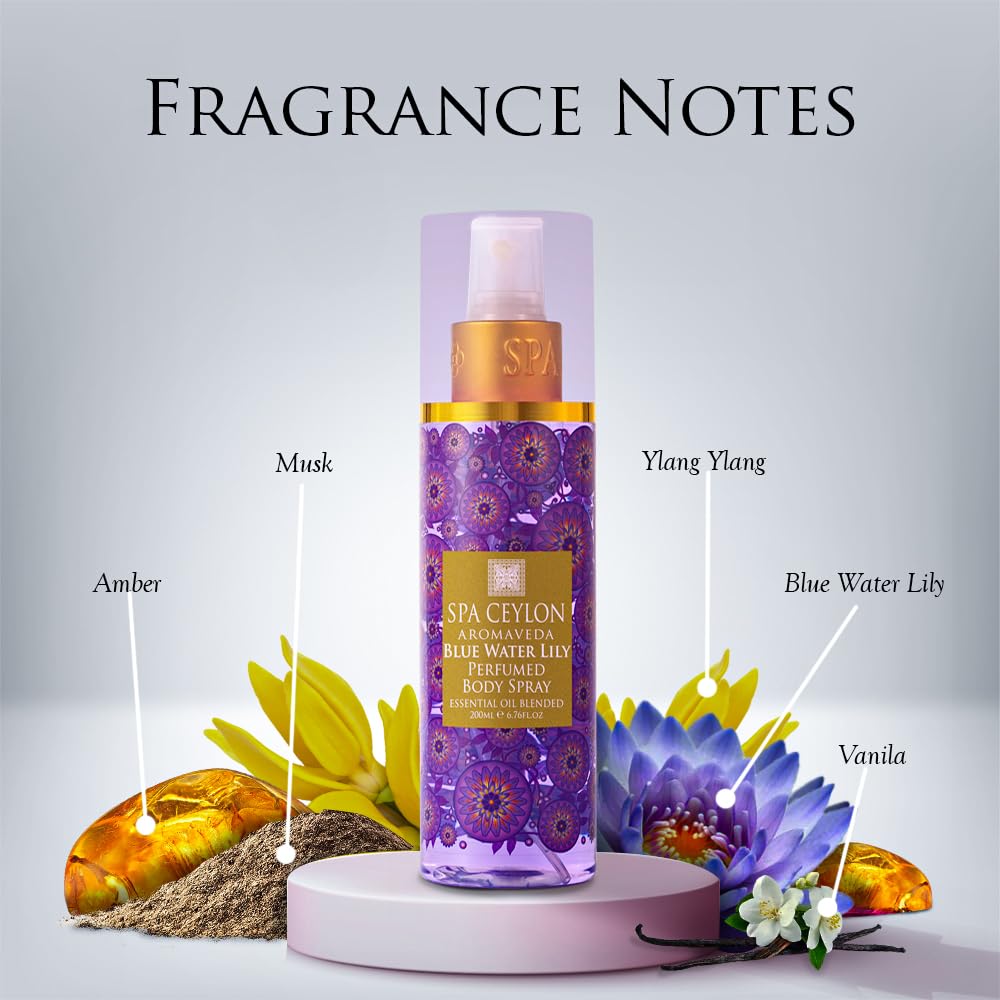 SPA CEYLON Blue Water Lily Body Spray, Aquatic Fruity Floral Mist for Women, Ethereal Scent with Musk, Amber & Vanilla