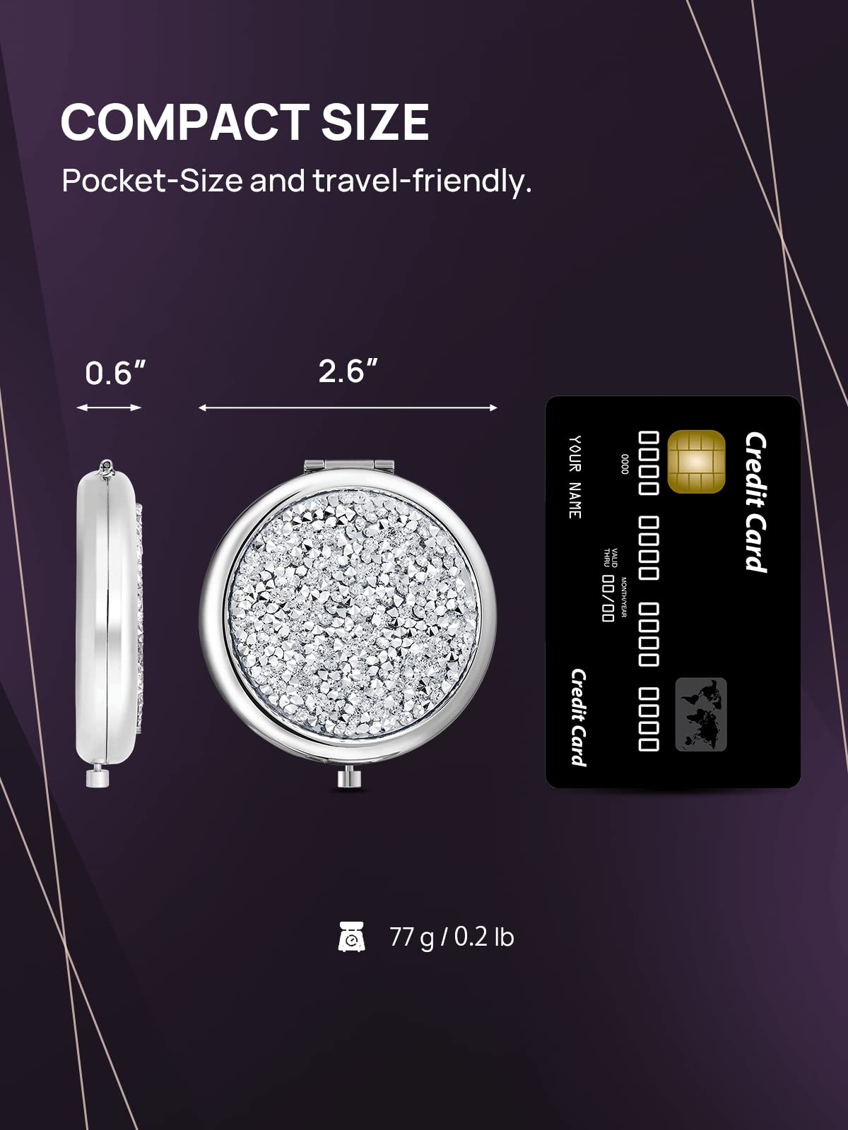 Omiro 1X/10X(300R) Magnifying Compact Mirror, Mini Mix Diamond Metal Pocket Makeup Mirror (Silver)