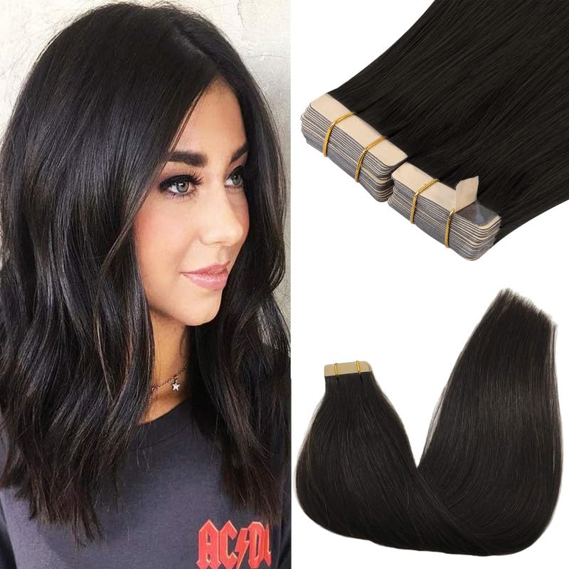 Goo Goo Tape In Hair Extensions Human Hair, 1B Natural Black, 14Inch 100G 40Pcs, Thick Ends Straight Seamless Tape In, Invisible