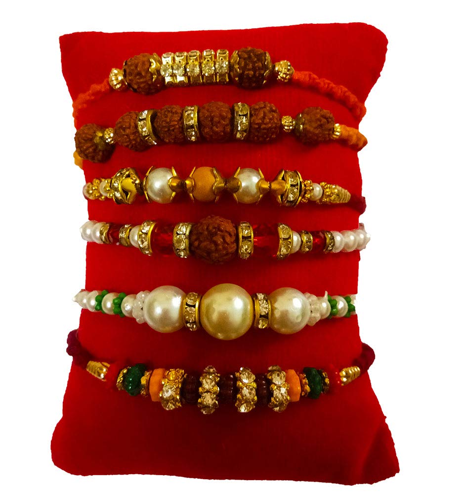 Avanti Creations Handmade Pack Of 6 Rudraksh Pearl Rakhi For Brother With Roli Chawal Swag Rakhi Rakhi Bracelet For Rakshabandha