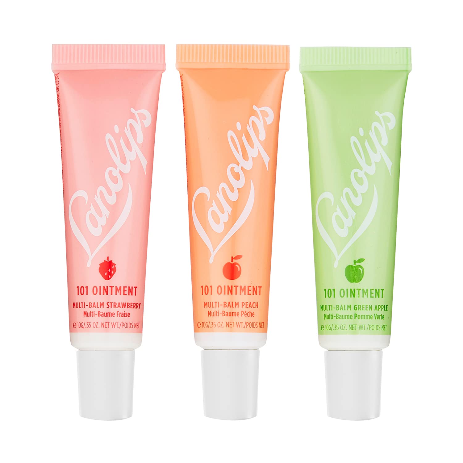 Lanolips 101 Ointment Fruities Trio - Fruity Lip Balm Gift Set & Stocking Stuffer - Strawberry, Peach & Green Apple Flavored Lip