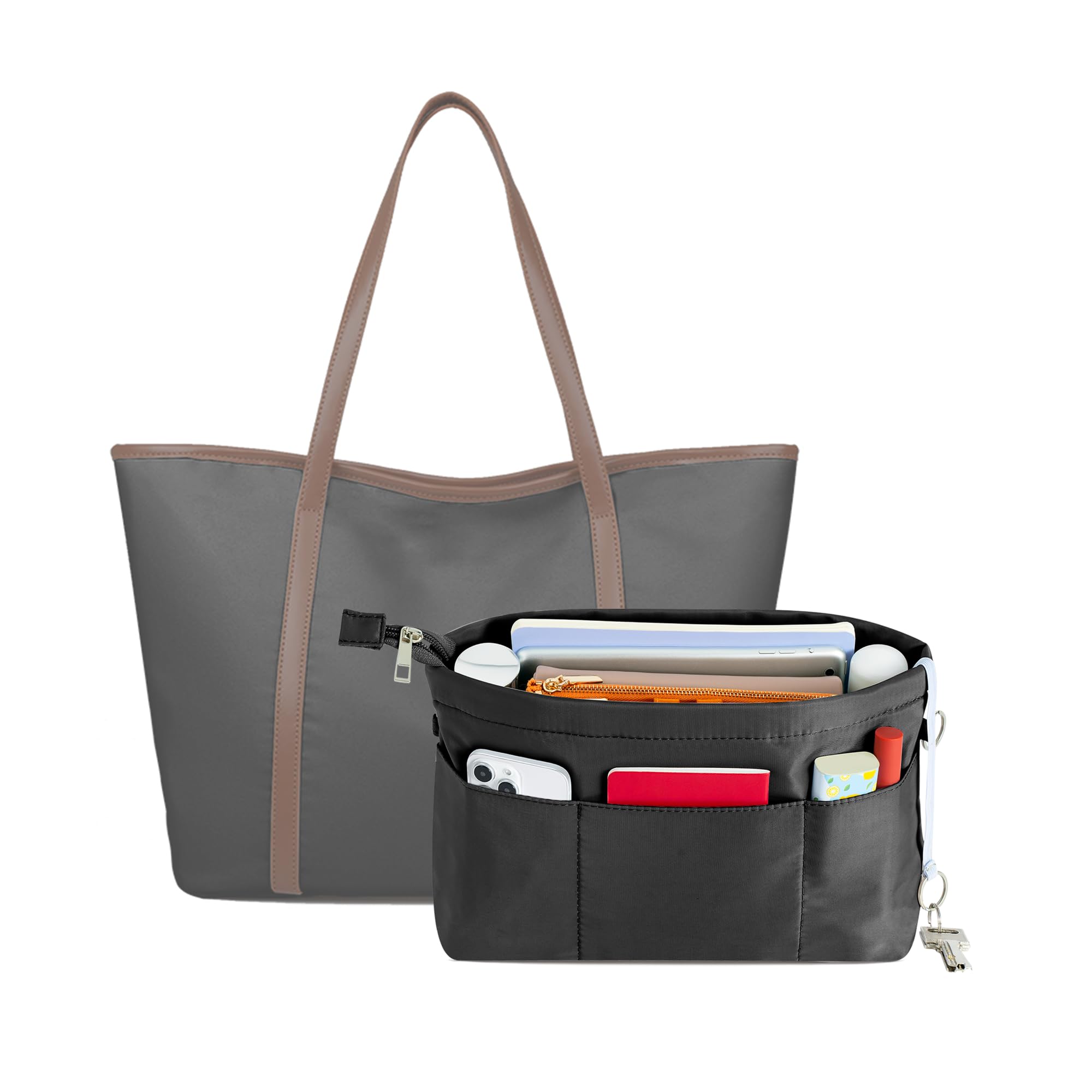 HyFanStr Purse Organizer Insert with Zipped Top for Tote Bag, Handbag Shaper with 13 Pockets, Black S