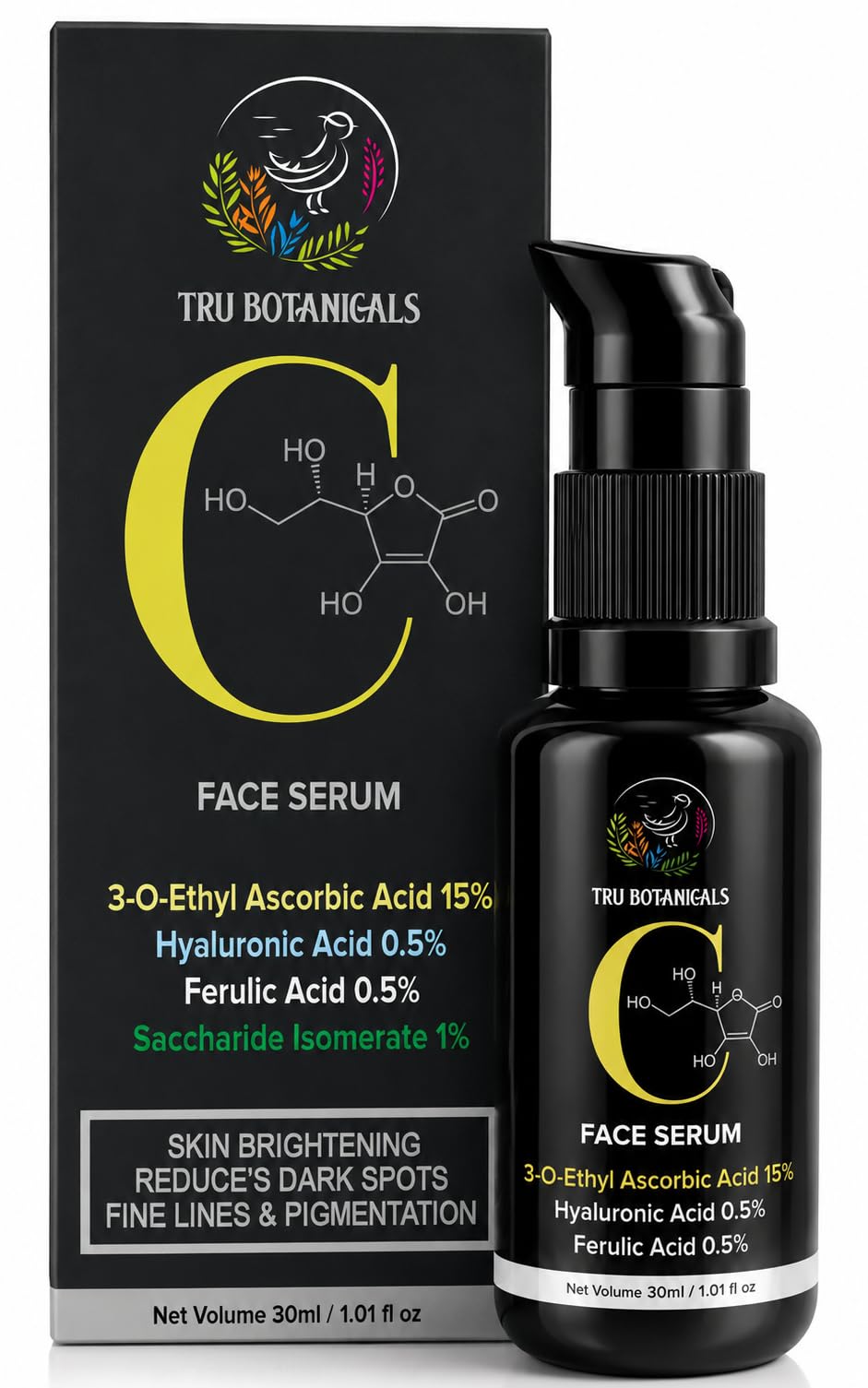Tru Botanicals 15% Vitamin C Serum For Glowing Skin|Collagen Boosting Serum For Dark Spots & Pigmentation|With Ethyl Ascorbic Ac