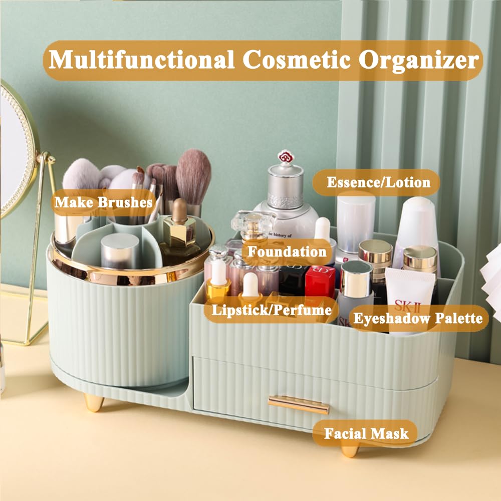 Zufudo Makeup Organizer Countertop with Drawers 360 Rotating Makeup Brush Holder Large Capacity Skincare Organizer for Vanity De