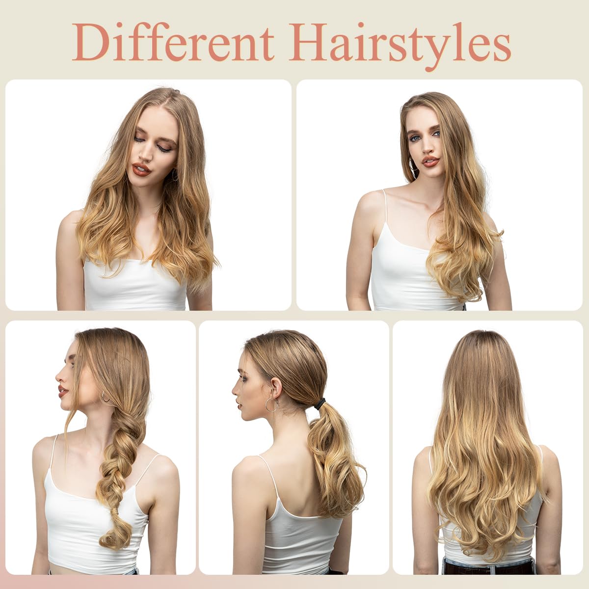 Sarla Clip In U Part Hair Extensions Synthetic Long Wavy Curly Thick Full Head Hairpiece For Women Brunette/Ash Blonde Highlight