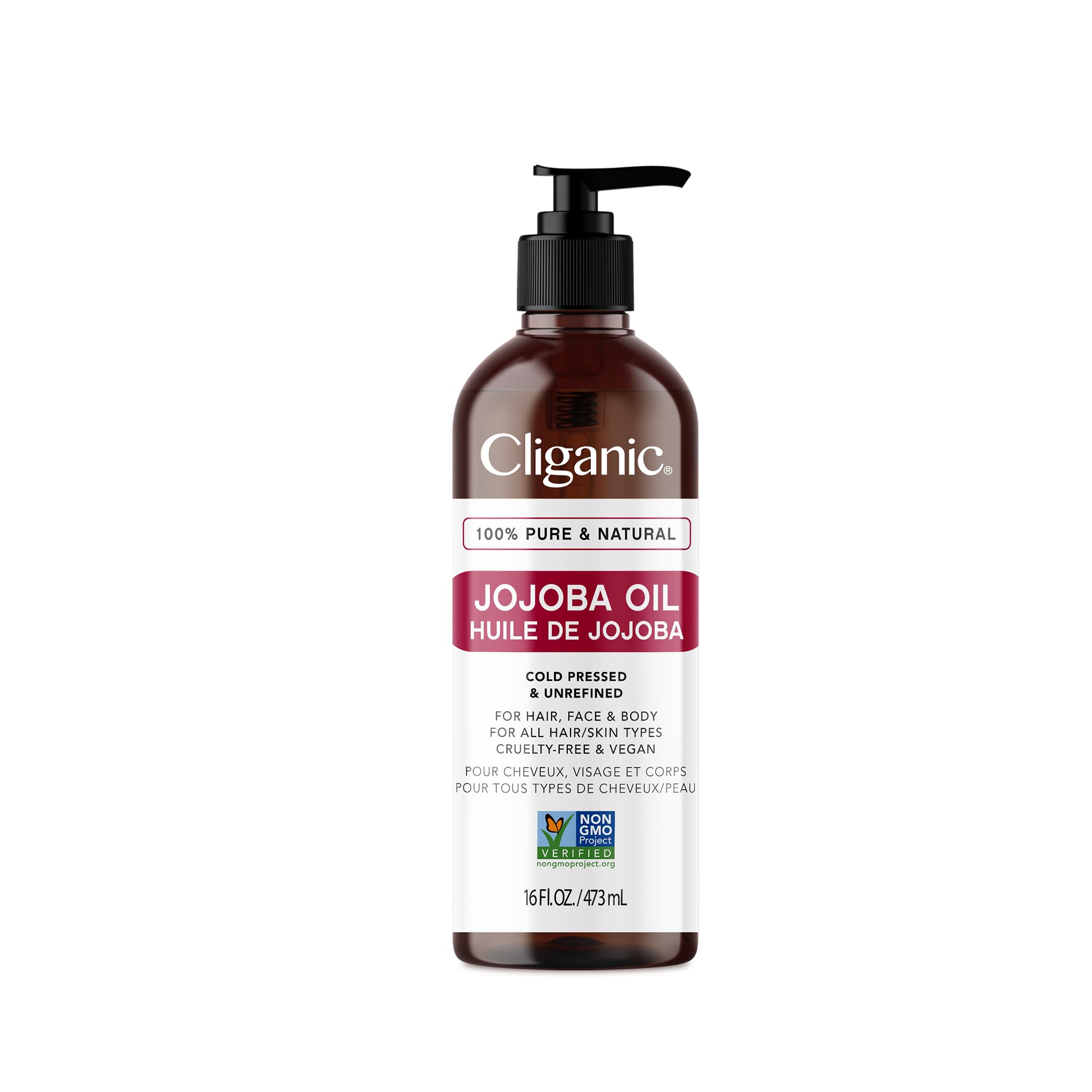 Cliganic Jojoba Oil Non-Gmo, Bulk 16Oz  100% Pure, Natural Cold Pressed Unrefined Hexane Free Oil For Hair & Face