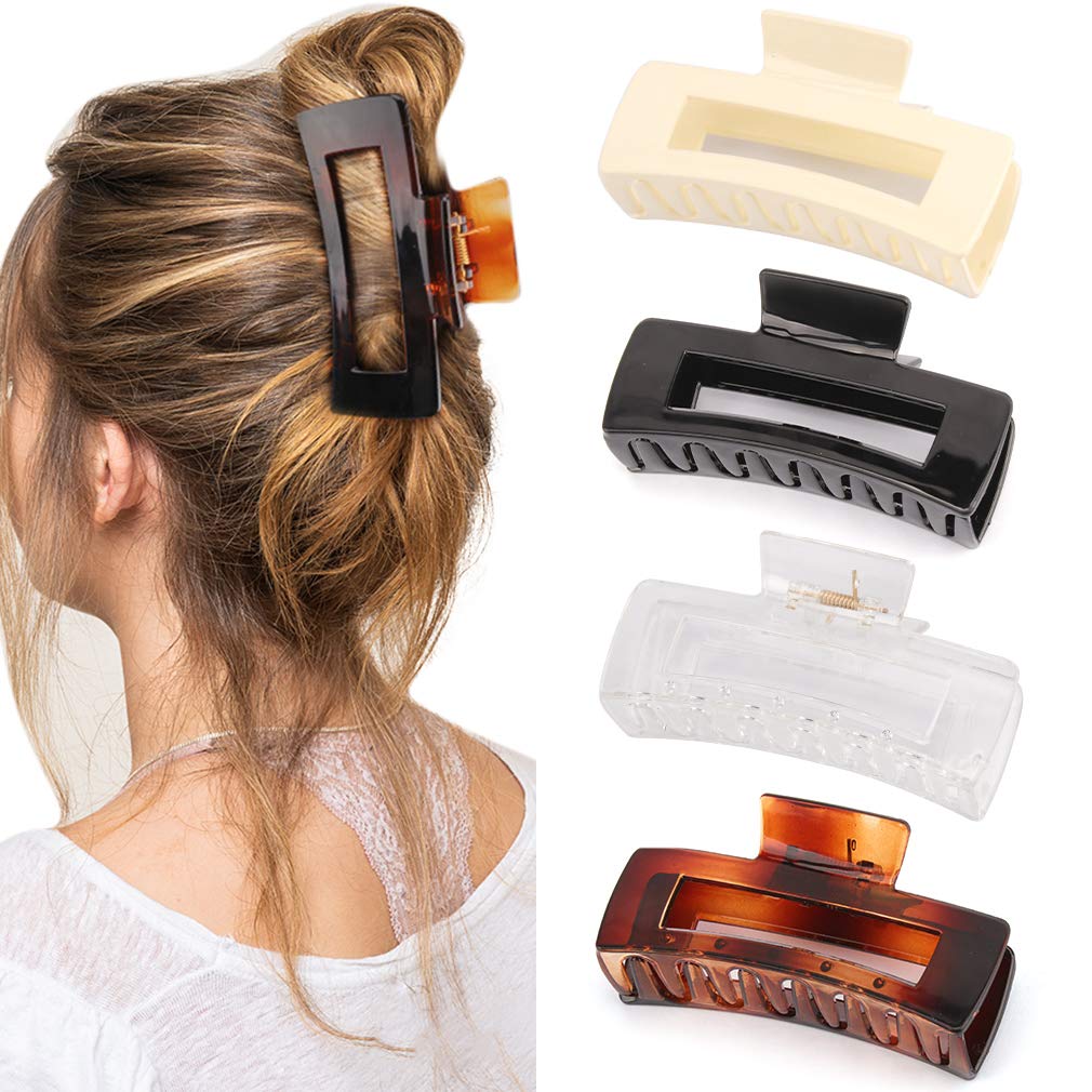 Canitor 4.1 Inche Large Hair Claw Clips 4 Pcs, Hair Clips For Thick Hair Acrylic Banana Claw Clips Non-Slip Hair Clip Rectangula