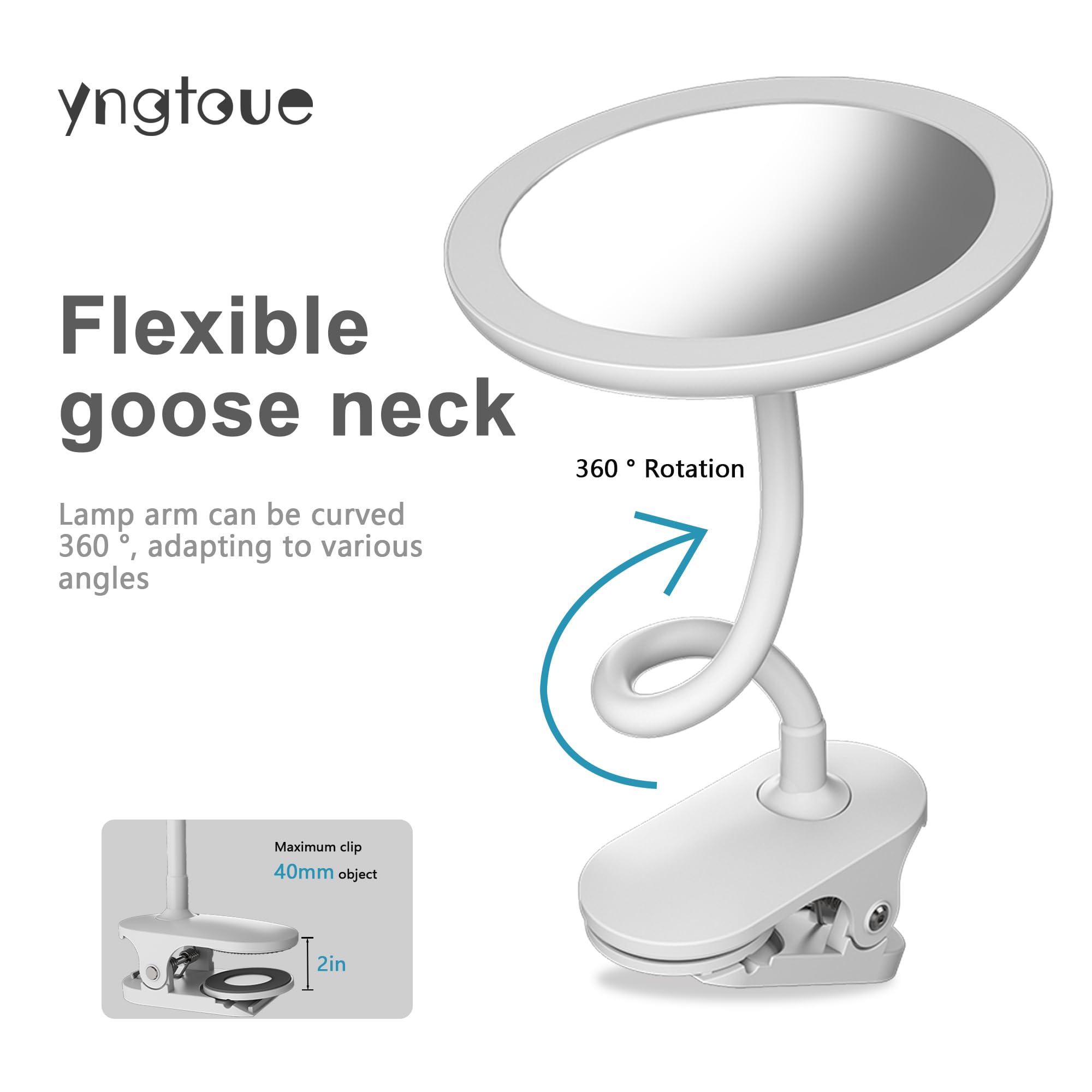 yngtoue 6.5" Clip-on Vanity Makeup Mirror with Light, 5X Magnification, USB Rechargeable, White, Model T03