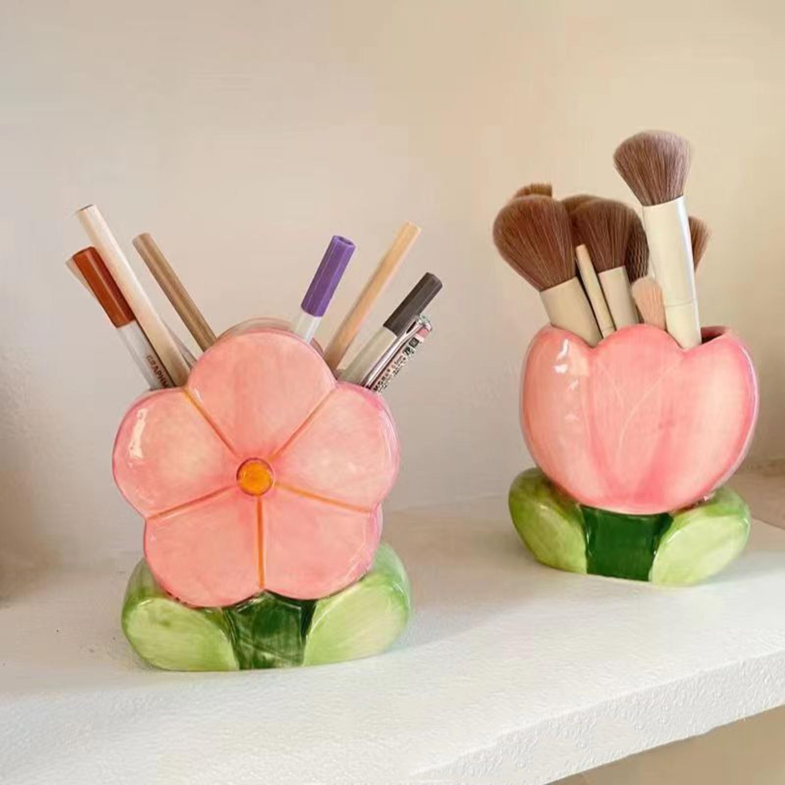 ZHU YU CHUN 1 PC Flower Makeup Storage Box Ceramic Blossom Five Petals Pen Holder Pen Holder Desktop Storage Box (Pink)