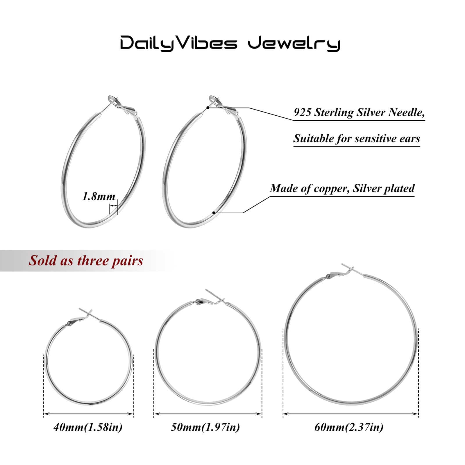 Big Silver Hoop Earrings for Women Hypoallergenic 925 Sterling Silver Post Thin Loop 14K Gold Plated Hoop Earrings Set for Girls