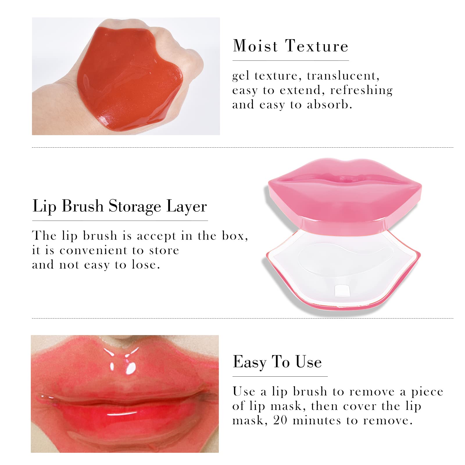 Freeorr 20Pcs Lip Mask Sheet,Pink Moisturizing Plumping Lip Patches, Gel Treatment Lip Masks For Dry Lips Plump Lip Collagen Ove